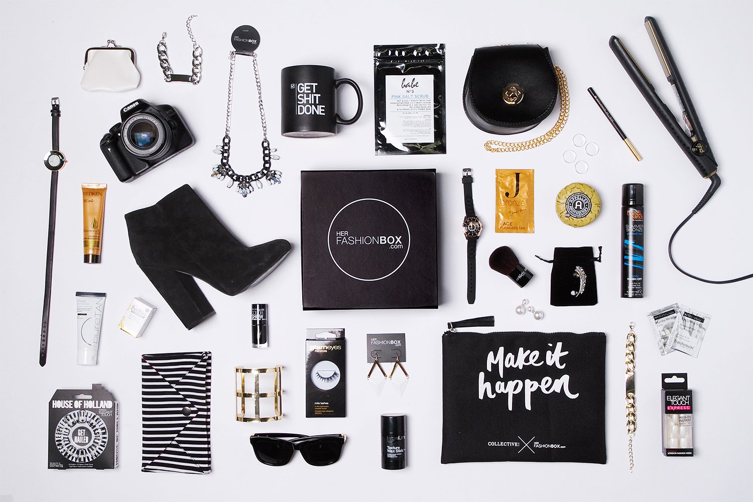Flat lay of Her Fashion Box items