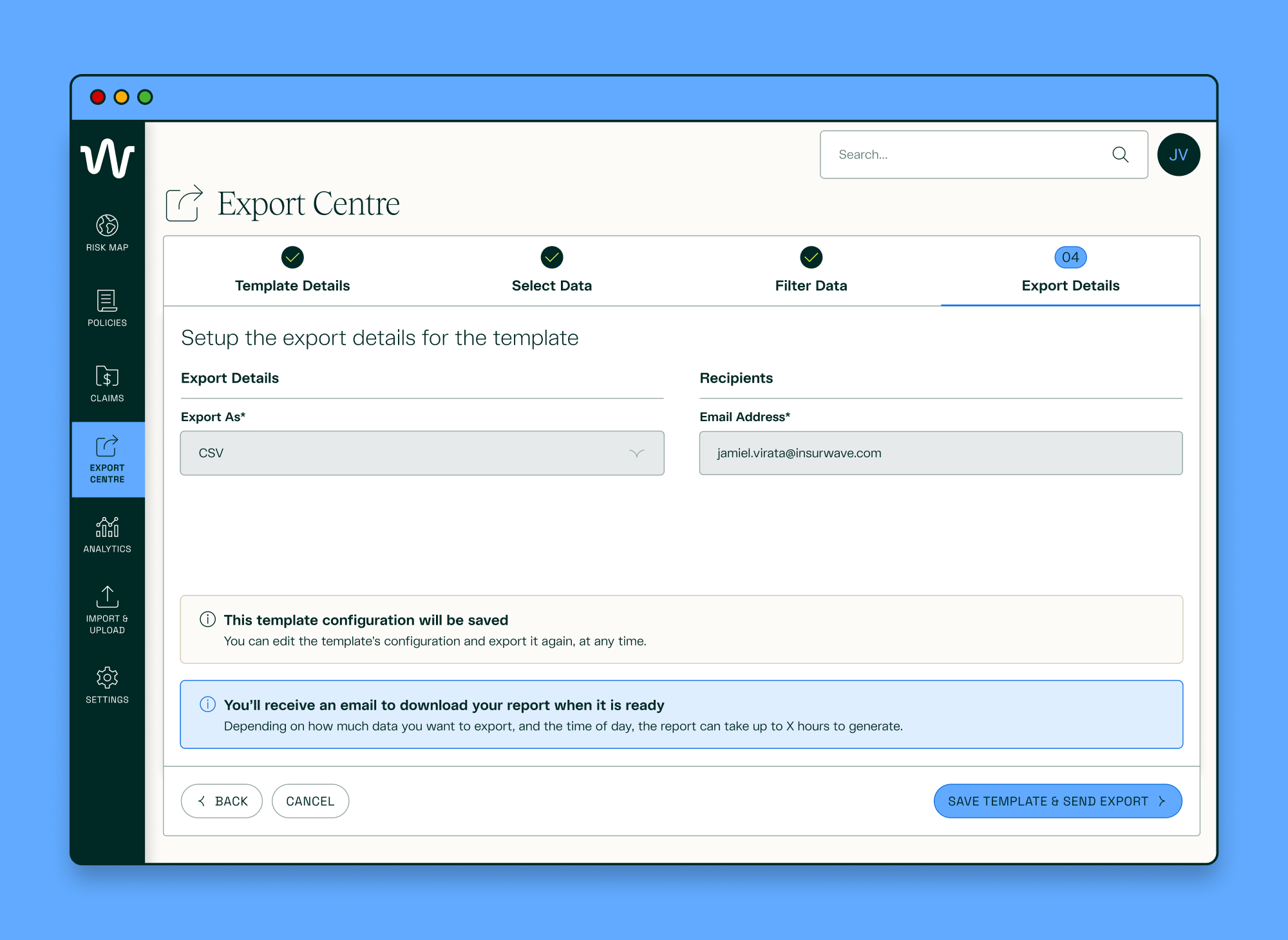 Export Centre - Create Template - Export Details