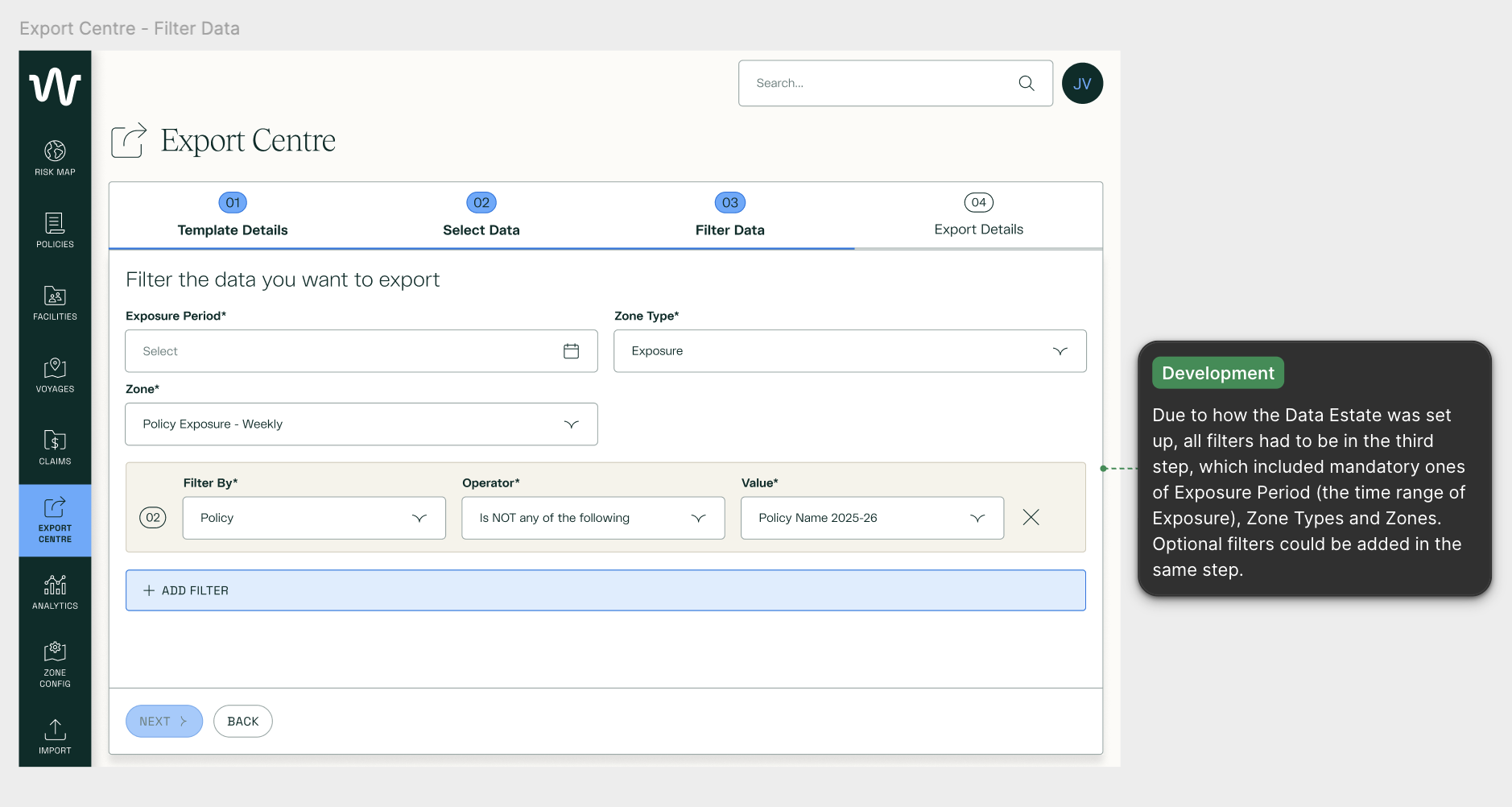 Platform UI Screen showing Export Centre Filter Data Step with annotation