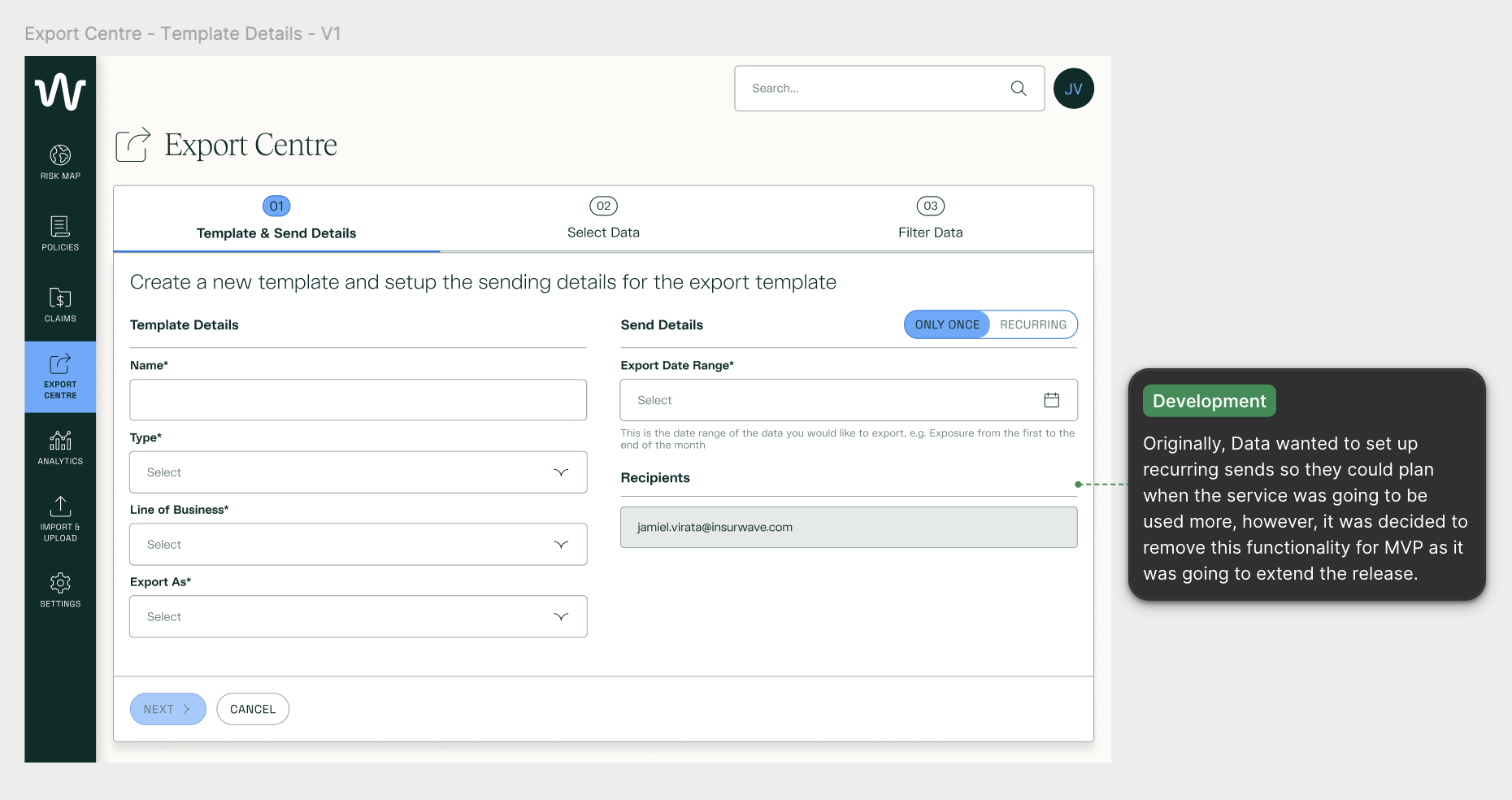 Platform UI Screen showing Export Centre Template & Send Details Step with annotation
