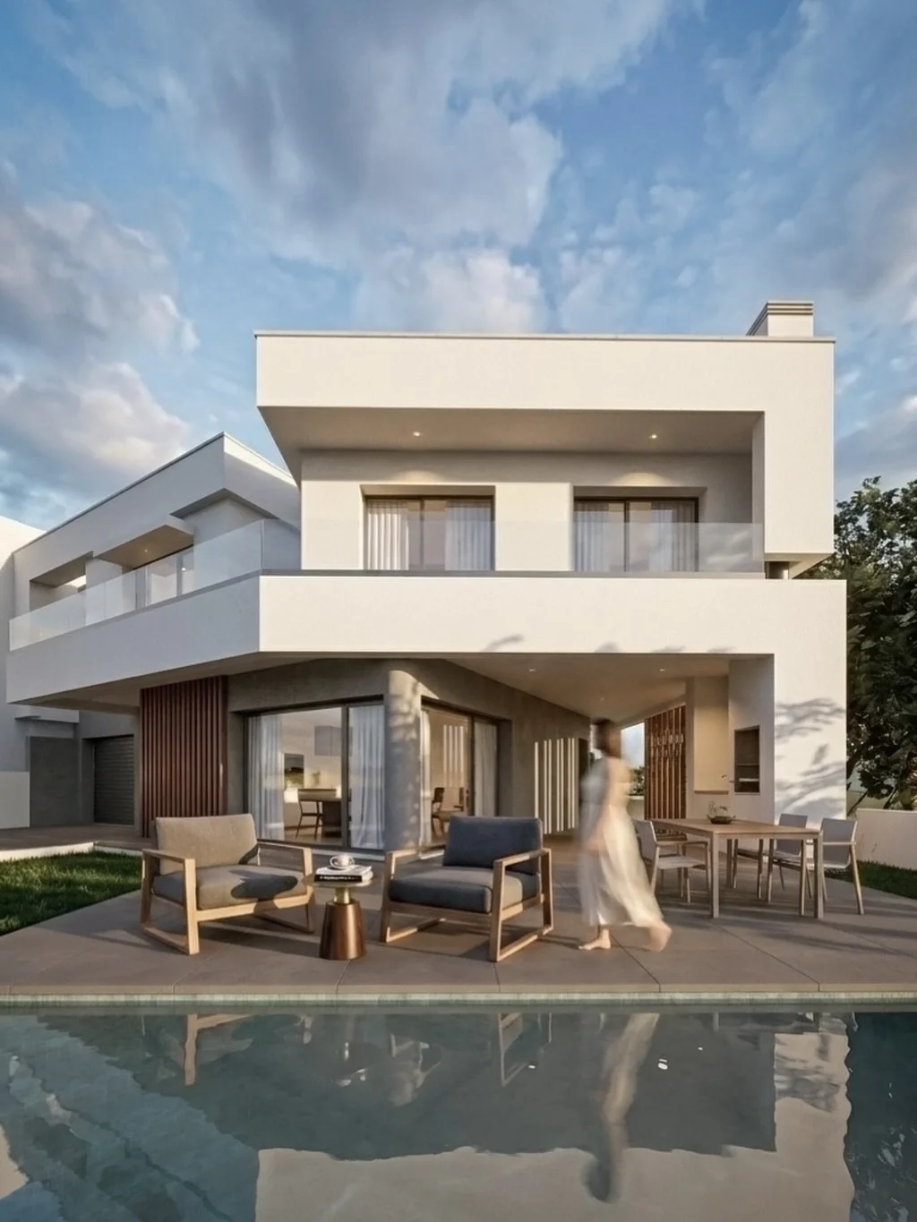 Render 3D para projeto em fase de constru&ccedil;&atilde;o. Moradia geminada com 2 pisos, garagem e piscina 🏗️ #logikevidence #logikevidencearquitetura #azeit&atilde;o #construction #arquiteturaazeitao