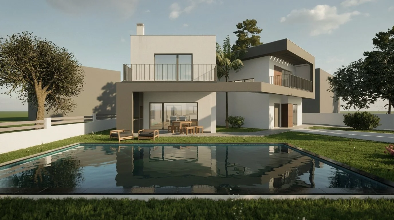 Renders 3D de um projeto de arquitetura em desenvolvimento para moradia unifamiliar na Aldeia de Irm&atilde;os em Set&uacute;bal.

Moradia T5 de dois pisos, com 4 suites, garagem e piscina, em fase inicial de constru&ccedil;&atilde;o ✨ Mais informa&c