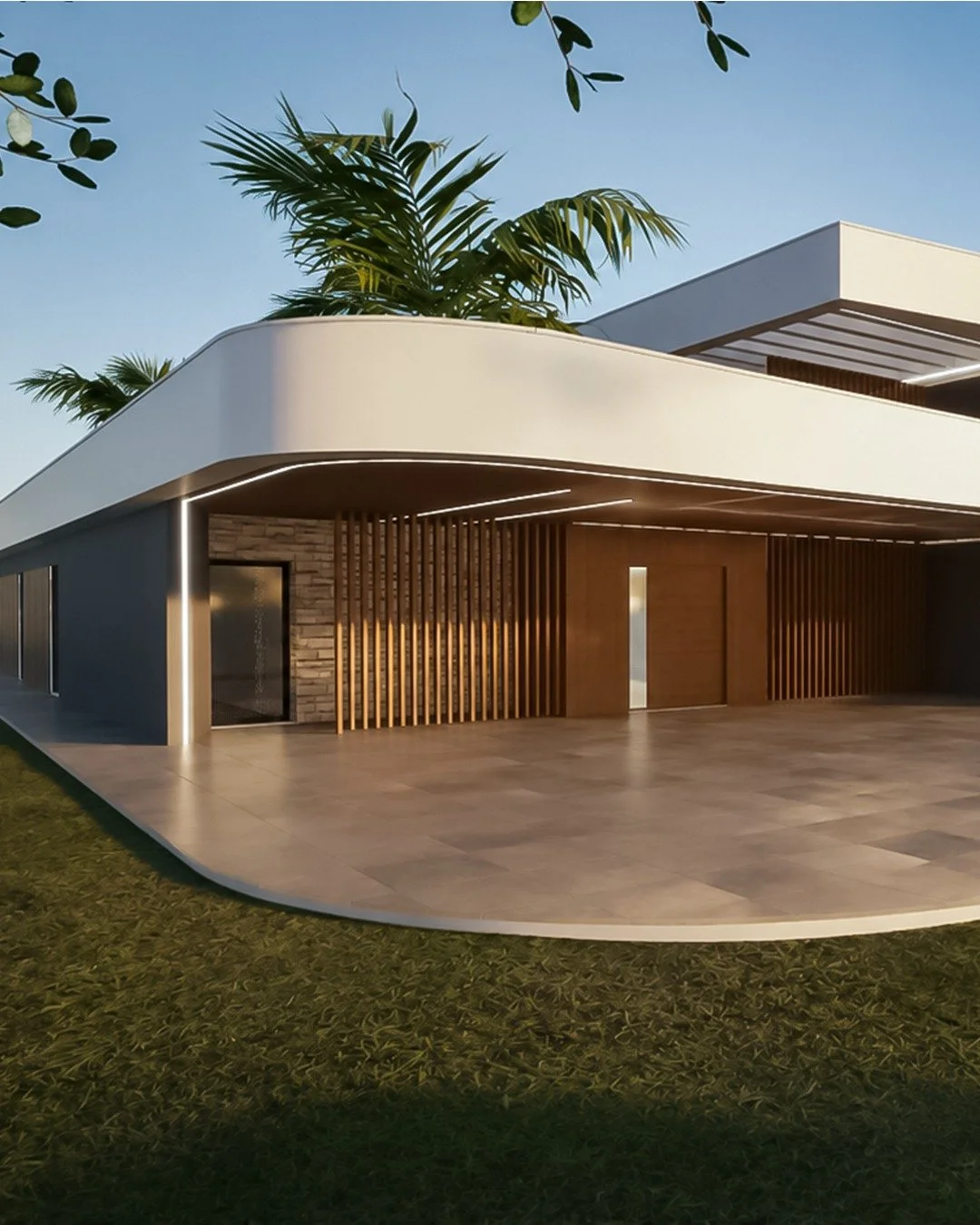 Renders 3D de projeto de arquitetura em desenvolvimento para moradia unifamiliar, com 1 piso, garagem e piscina ✨ Um dos maiores projetos em que a LogikEvidence tem o privil&eacute;gio de integrar. #logikevidence #logikevidencearquitetura 
.
.
.
#arq