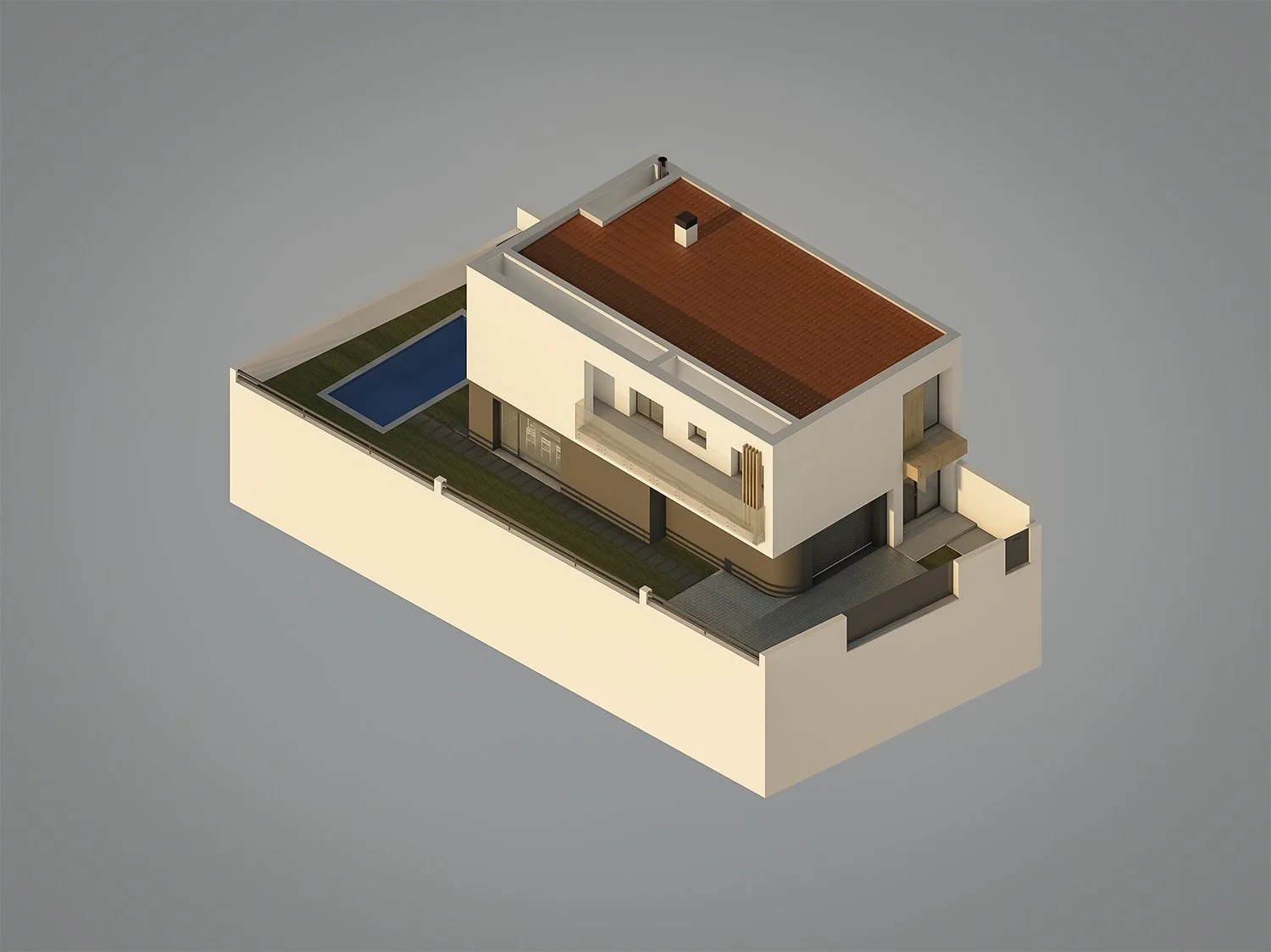 Isometria 3D de um projeto j&aacute; em portf&oacute;lio 👉 ARQ_427
Moradia de 2 pisos, com garagem e Piscina situada em Palhais, na Charneca da Caparica no Concelho de Almada. Esta moradia j&aacute; se encontra em fase de constru&ccedil;&atilde;o 🙌