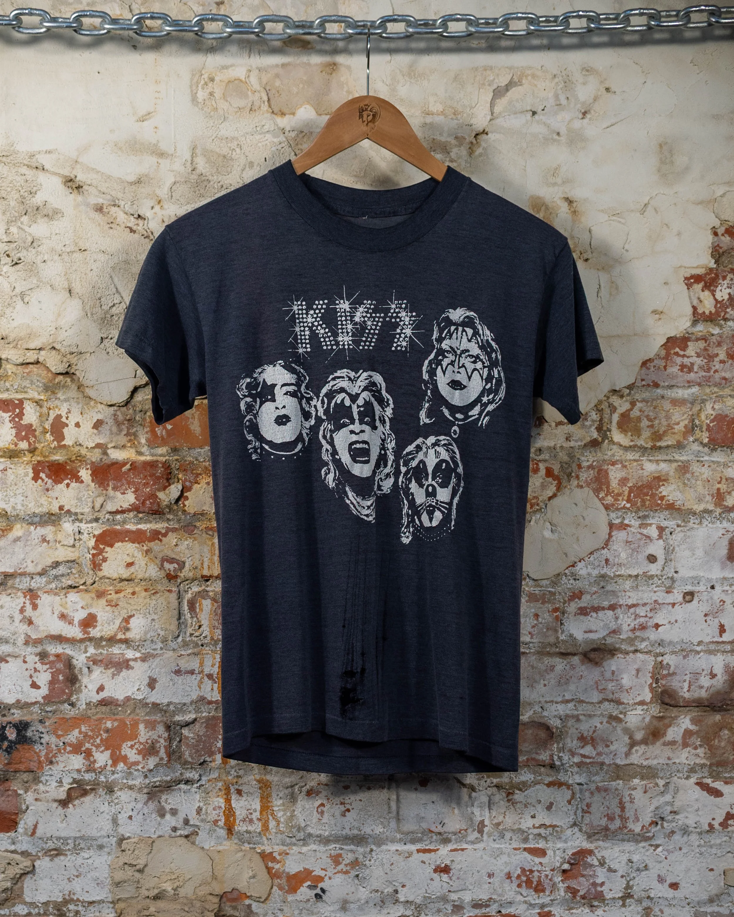 70s Early Kiss Grey Faces Logo Lights Distressed T-Shirt