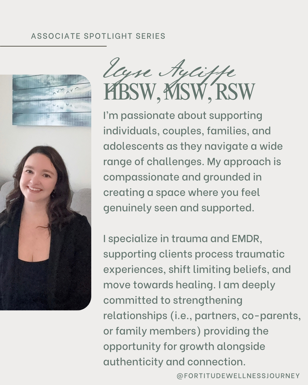 Highlighting Elyse Ayliffe, whose compassion, dedication, and trauma-informed lens make a meaningful impact in the lives of the clients she supports.   Specializing in trauma, EMDR, neurodivergent affirming care, and relationship-focused work, she w