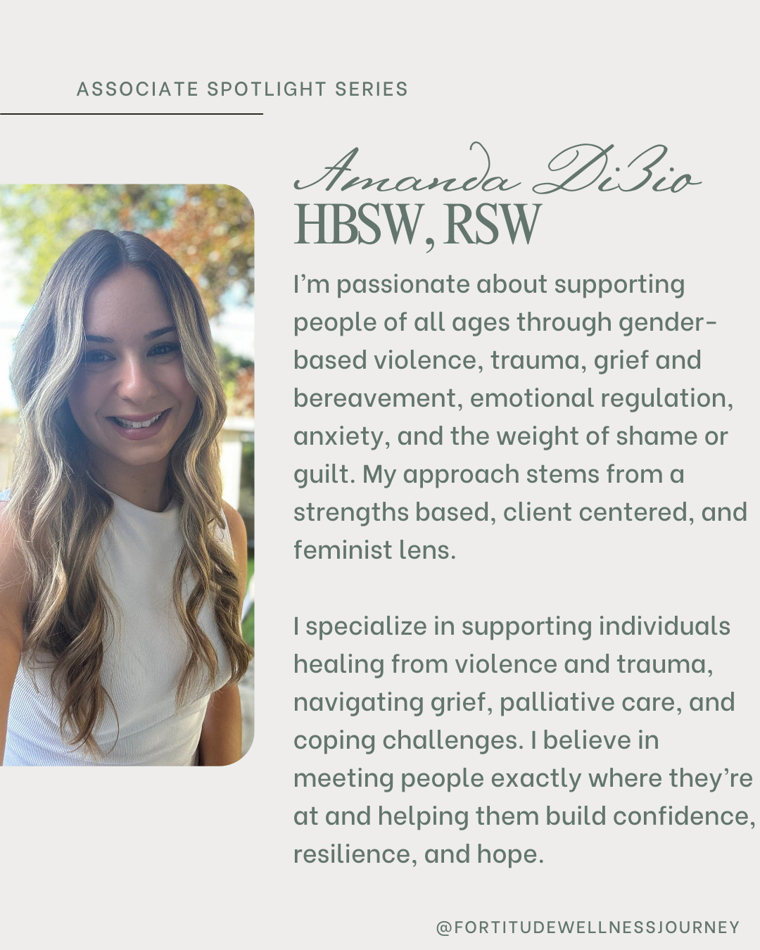  Highlighting Amanda Dizio, whose dedication, professionalism, and care continue to make a meaningful impact to our team as well as the clients she supports.&nbsp;    Specializing in gender based violence and grief work, Amanda supports adults, child
