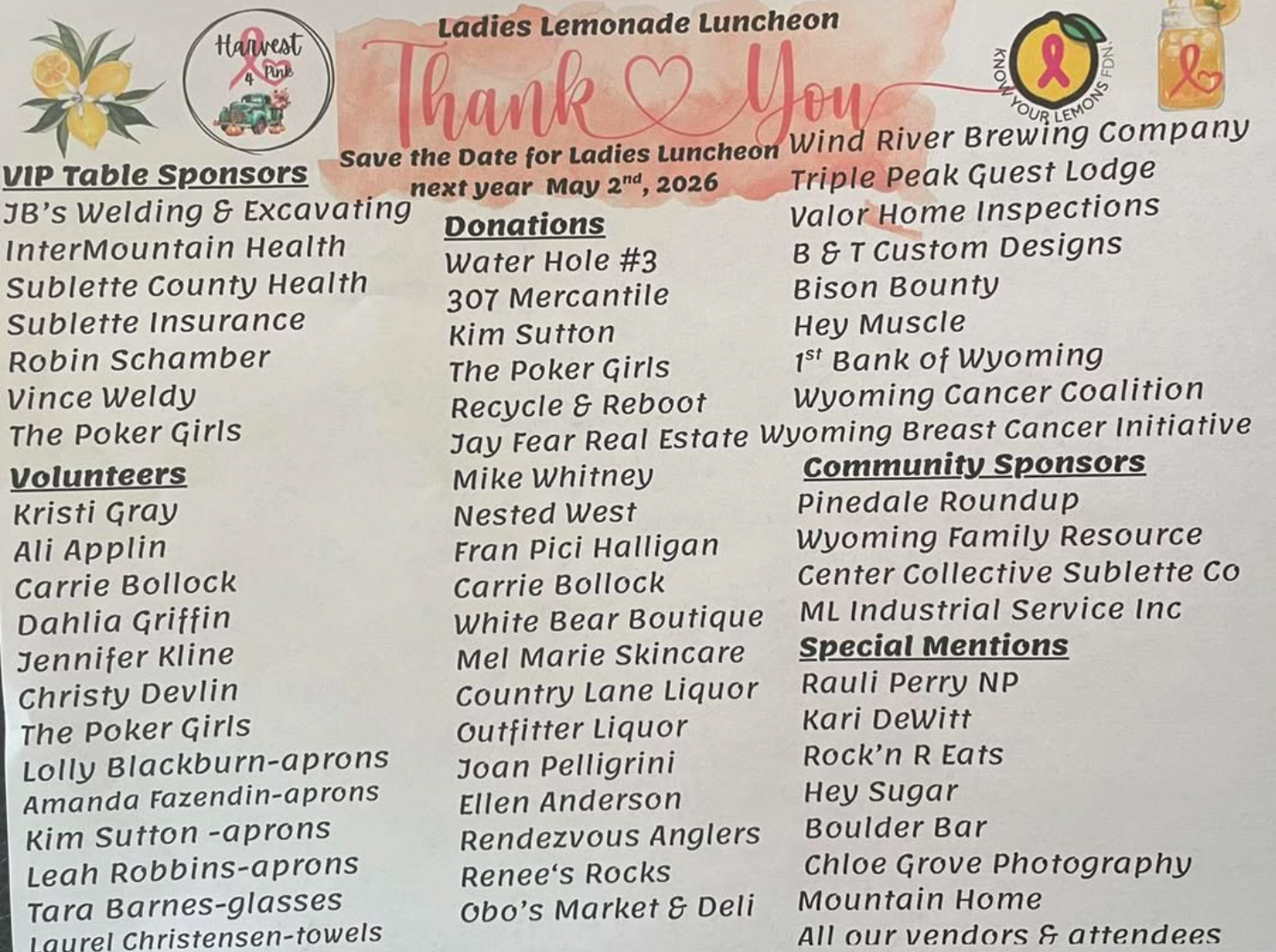 List of all the Vendors, Donors, Sponsors and Volunteers
