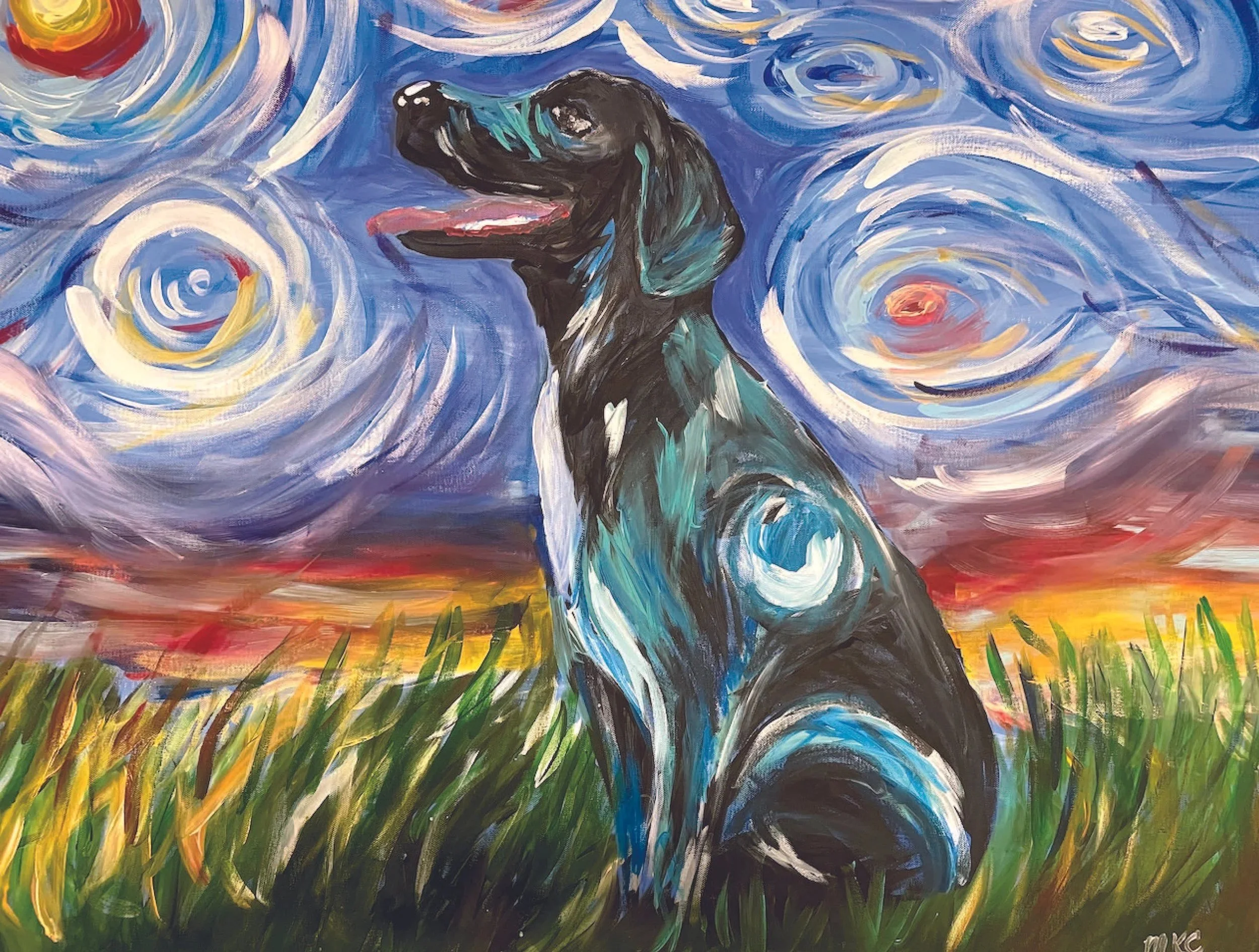 painting of dog with starry nights background