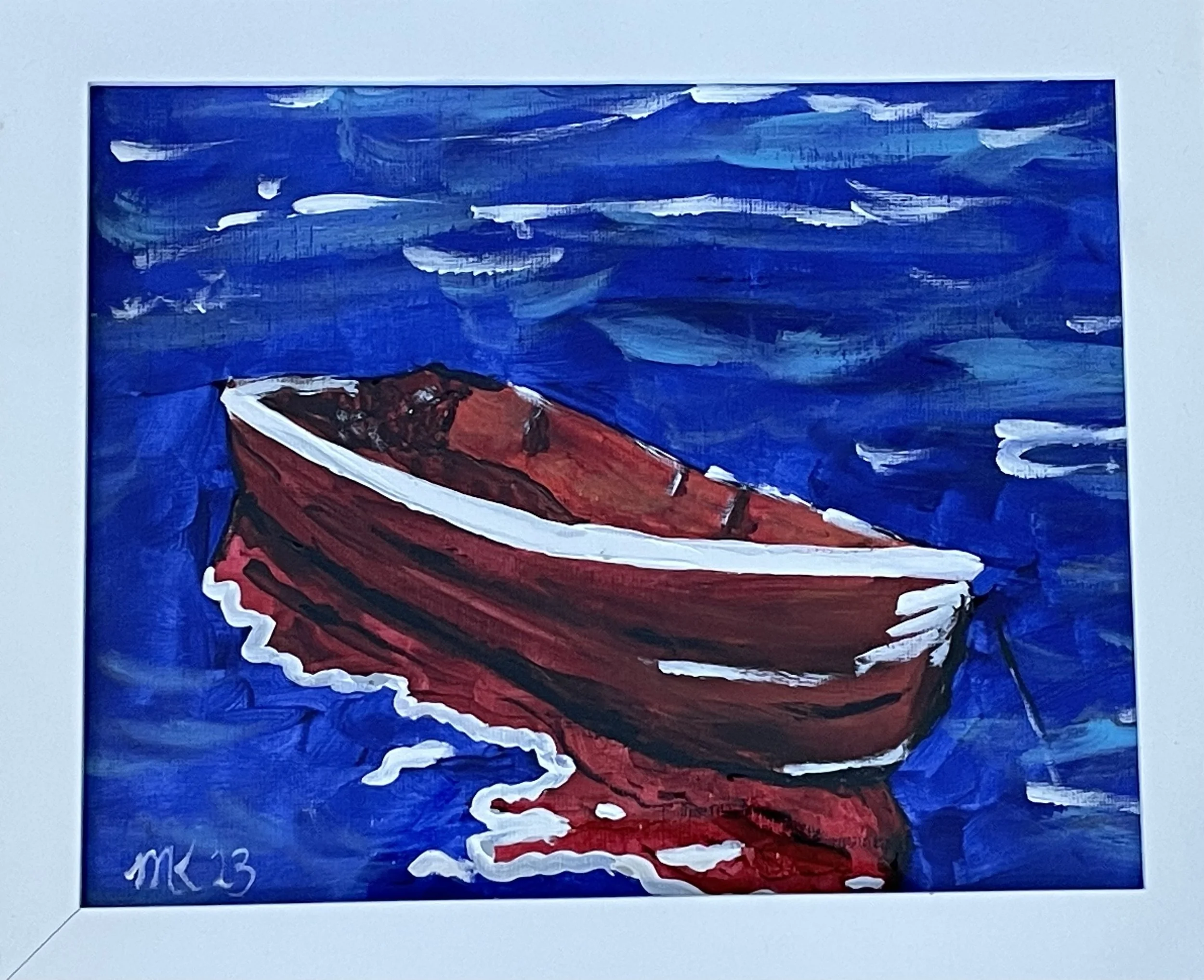 painting of red boat in water