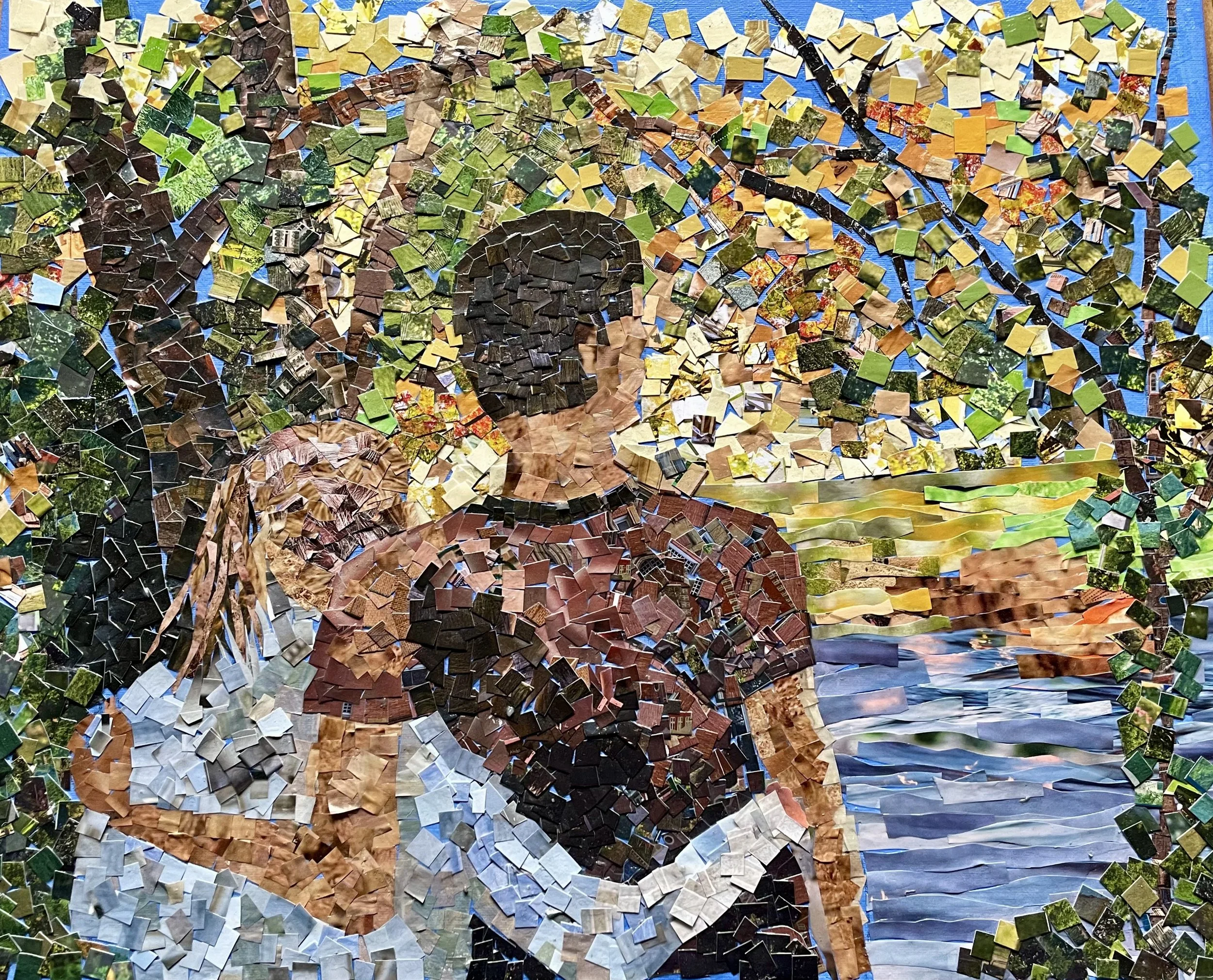 Mixed media piece of siblings hugging