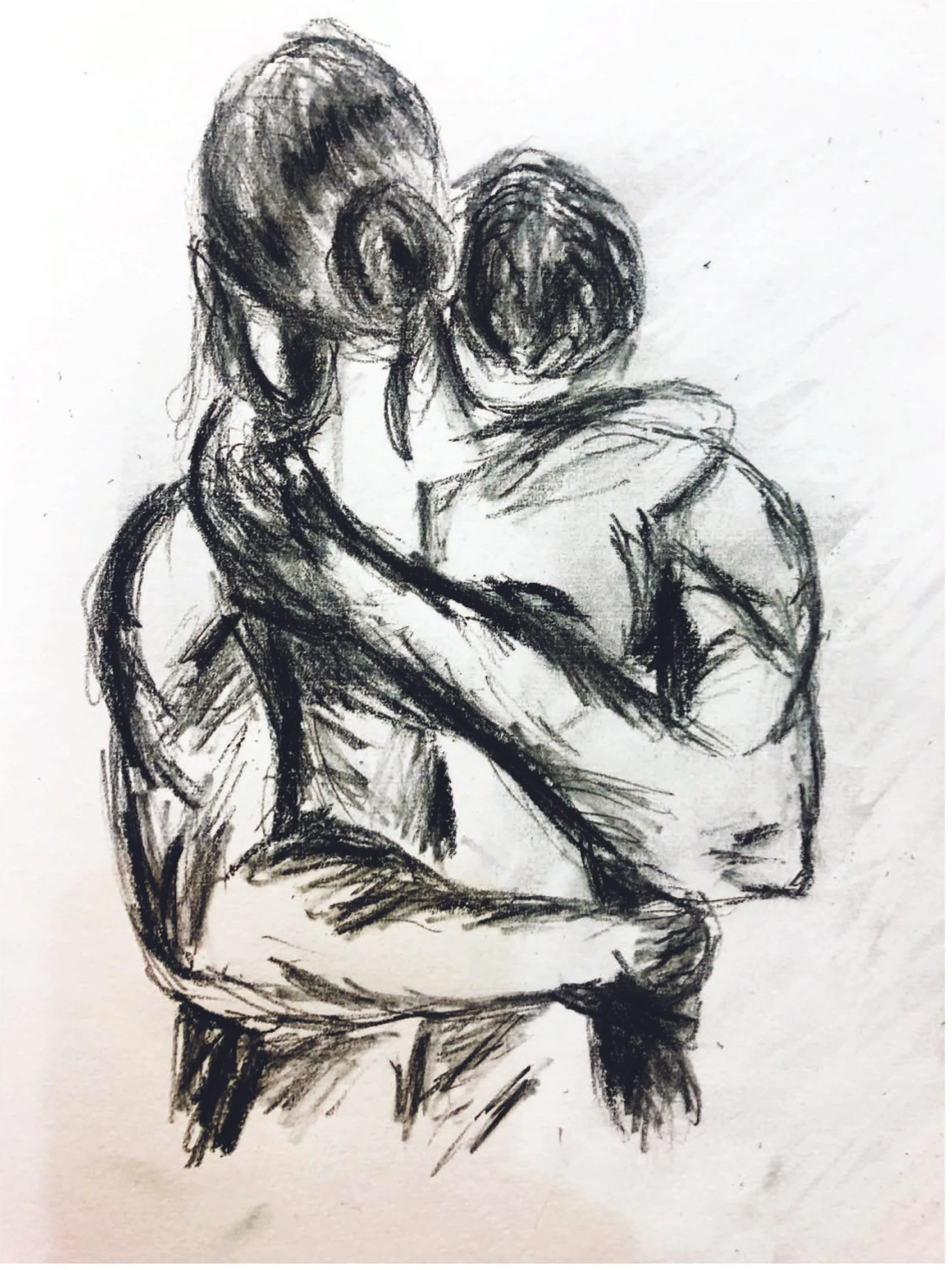 charcoal sketch of couple embracing