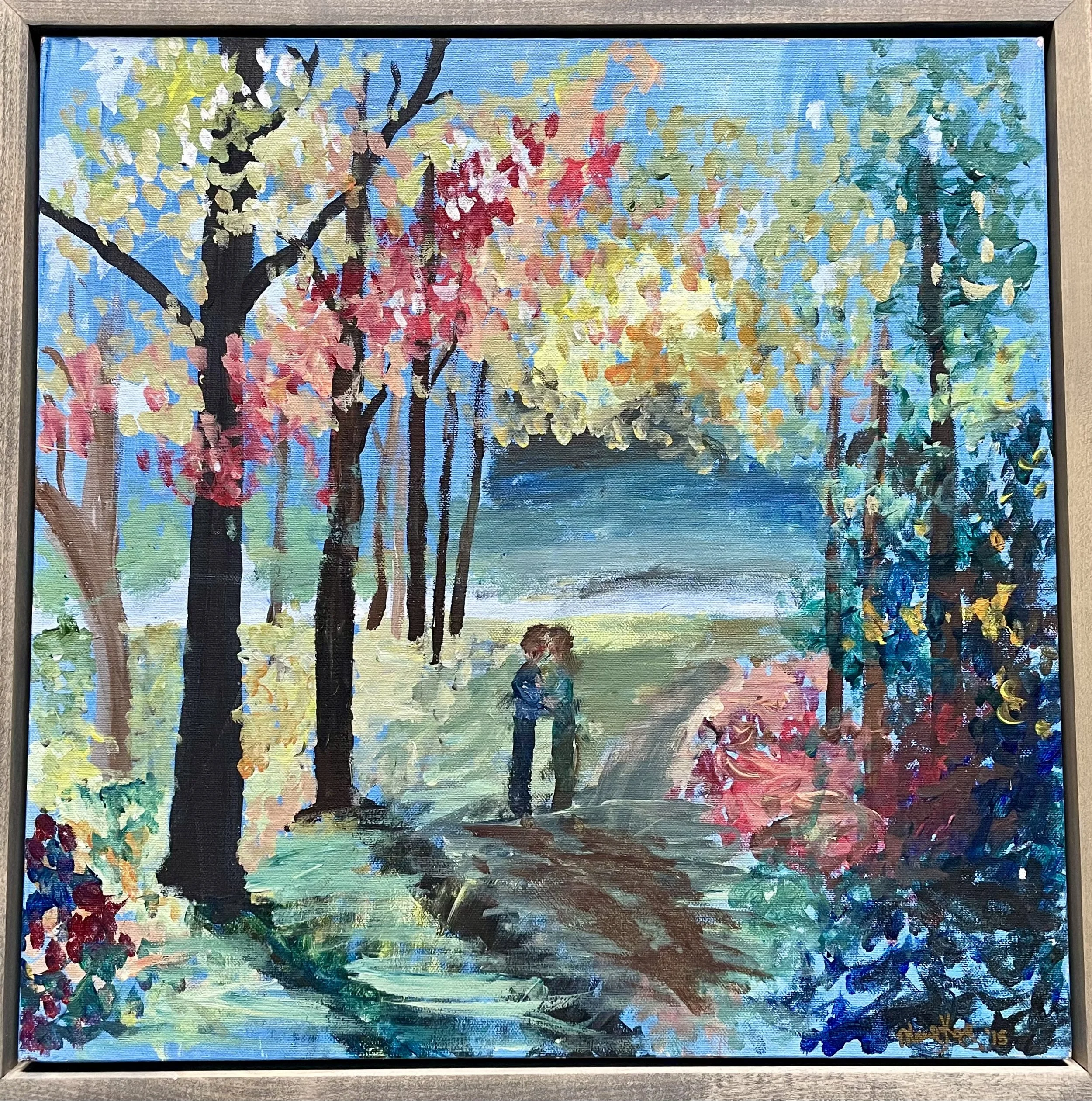 painting of couple in fall in the woods