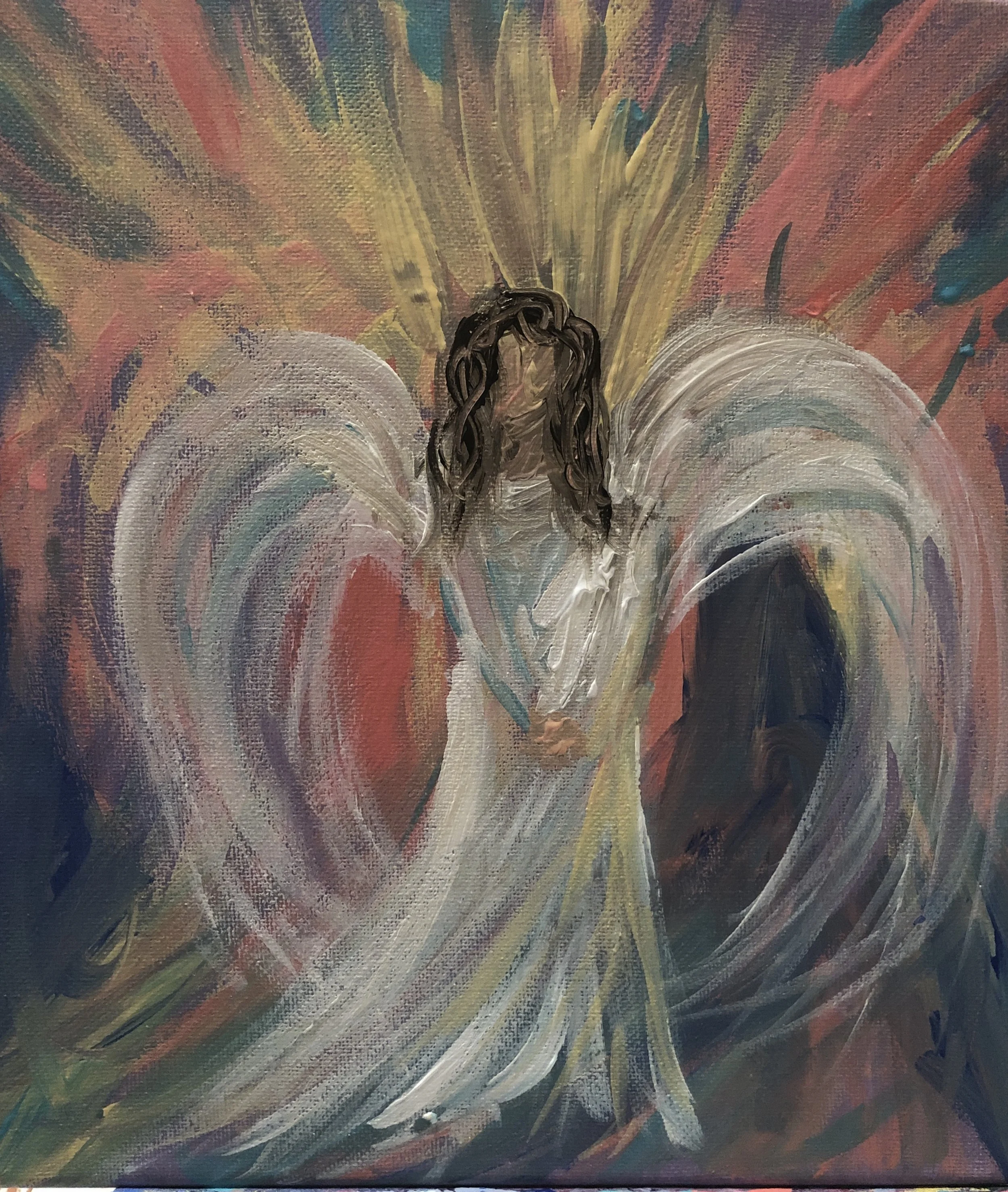painting of an angel with colors behind her