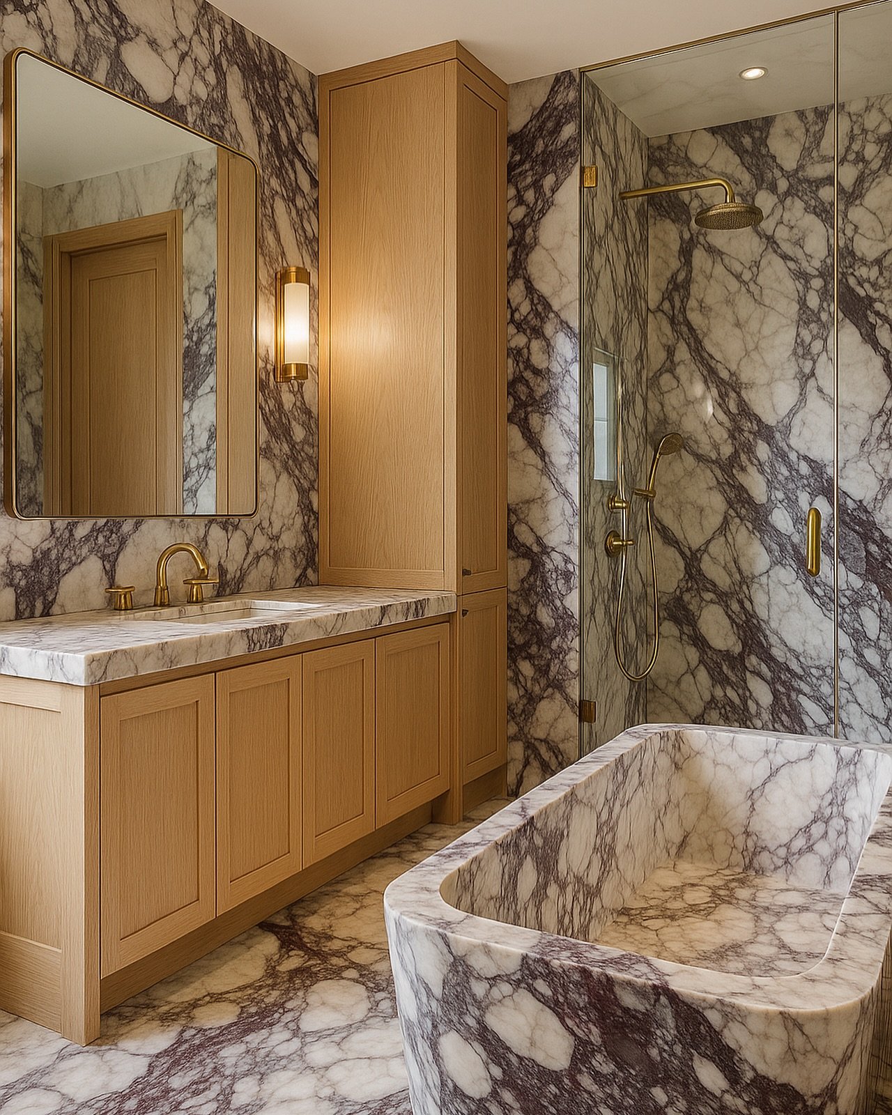 Timeless elegance meets bold character.
A custom bathroom design featuring Arabescato Viola marble in a polished finish&mdash;used seamlessly across the floors, walls, and integrated tub&mdash;to create a striking yet cohesive moment. Paired with lig