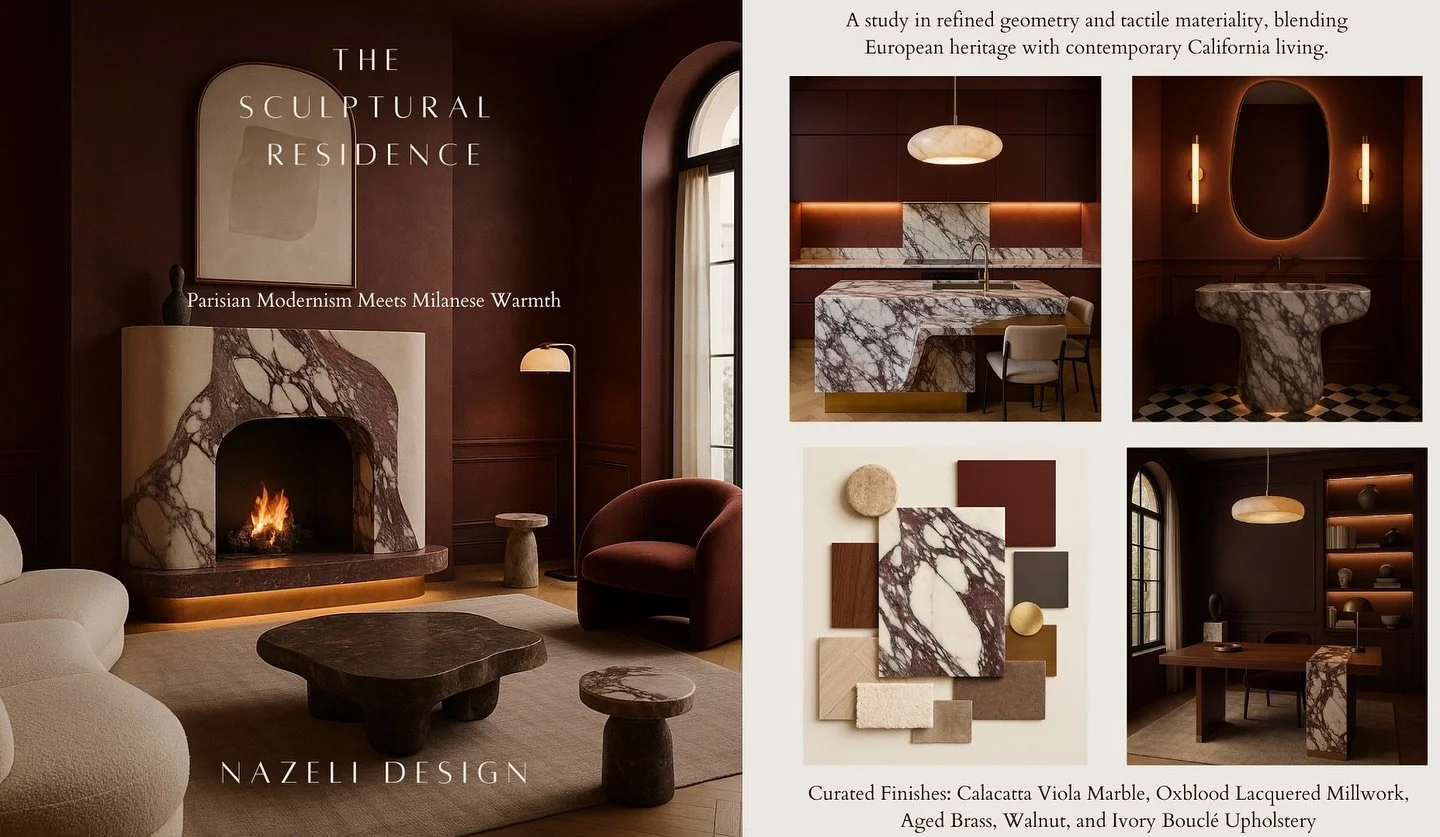 Every curve, color, and contour tells a story.
In The Sculptural Residence, Calacatta Viola marble meets oxblood lacquered millwork and warm brass accents, creating a space that feels both sculptural and soulful.

Design isn&rsquo;t about picking pre