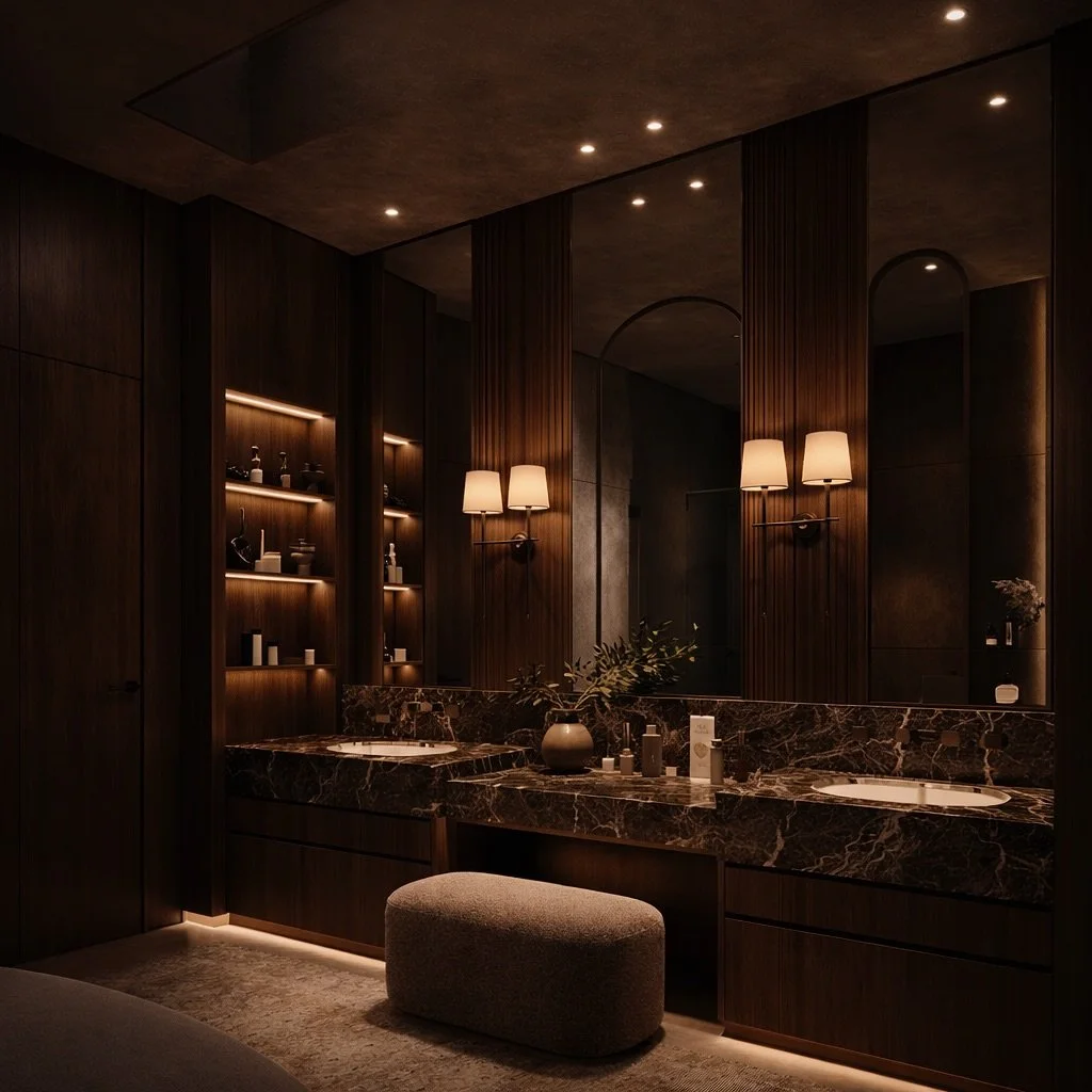 Reeded walnut. Smoked bronze reflections. Honed stone. Warm light.
An atmosphere shaped by depth, not excess. #nazelidesign