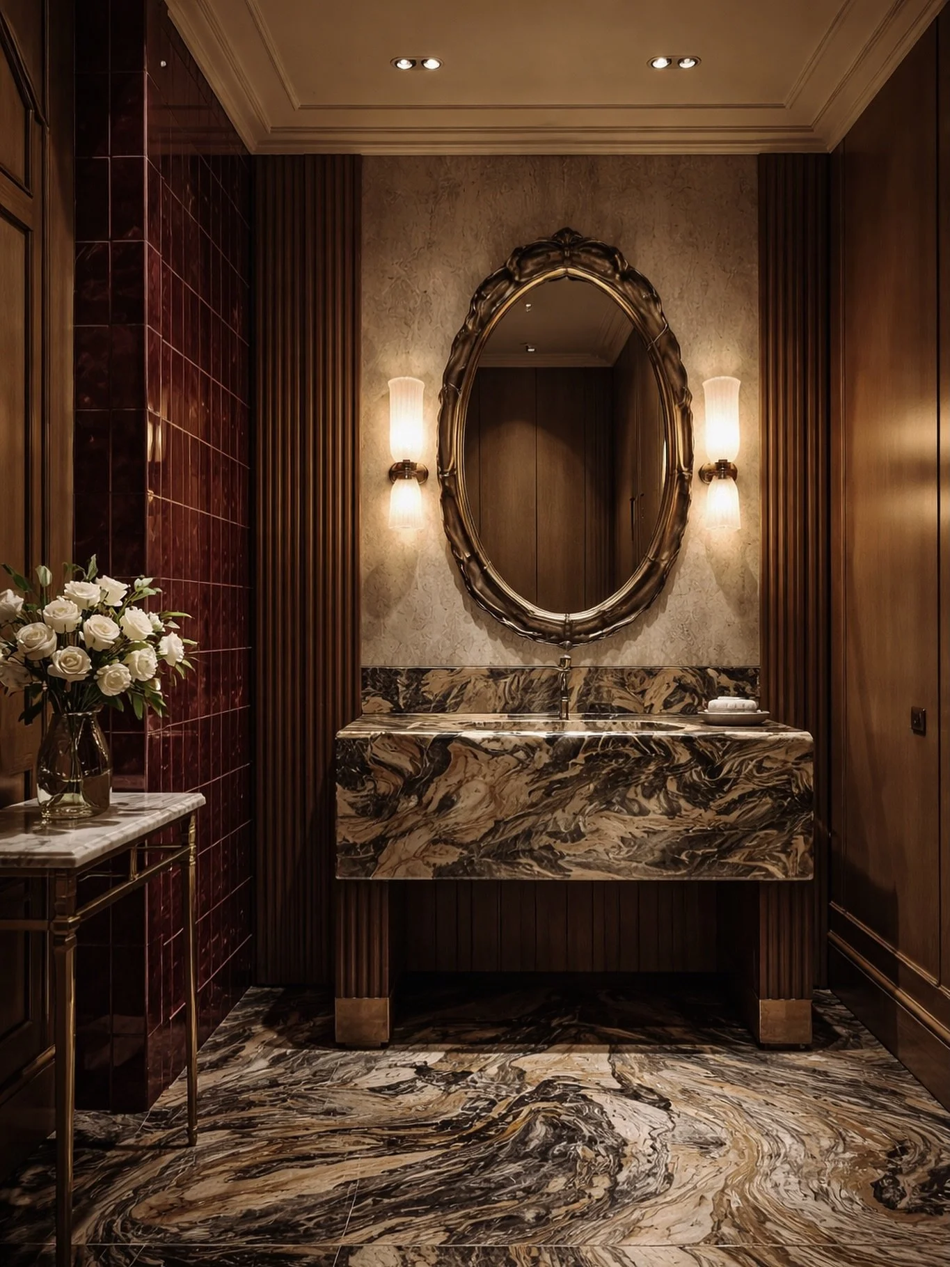 Powder Room: Moody marble. Reeded oak. A quiet glow. Designed to feel collected 🤍 #nazelidesign 

#interiordesign #powderroom #homeinspo #interiors