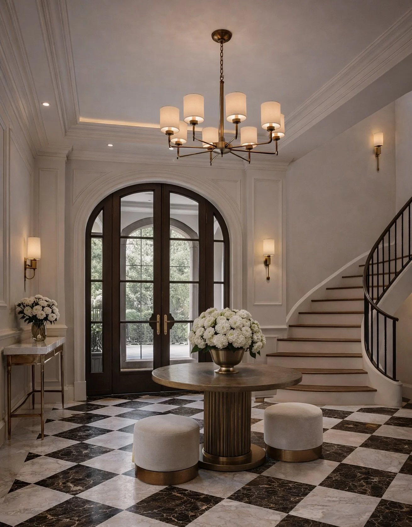 A Parisian nod, reinterpreted.
Checkered marble, tailored millwork, and a stair that rises quietly. #nazelidesign 
#interiordesign #interiors #foyer #homeinspo