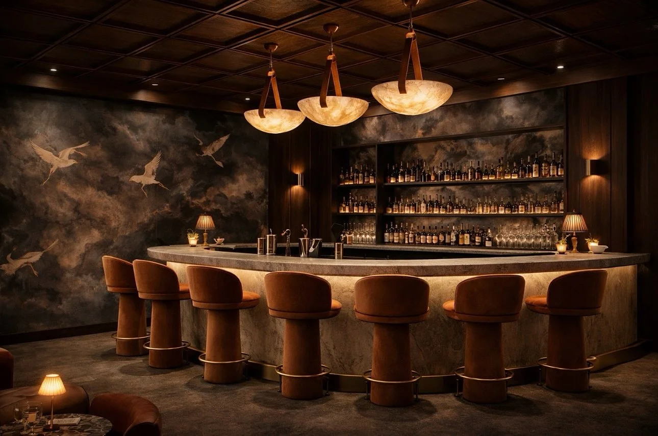 An intimate bar moment.

Stone, warm wood, and a mural backdrop create a layered atmosphere designed to evolve throughout the evening.

Nazeli Design Studio 
#restaurantdesign #hospitalitydesign #luxuryinteriors #barinterior #interiorarchitecture
