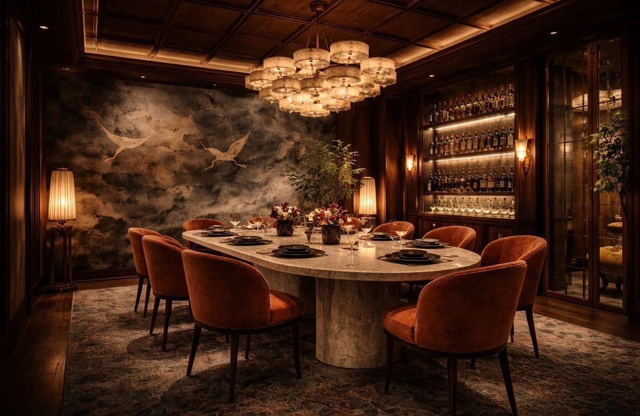 A private dining room designed for slower evenings.
Stone, warm wood, and a mural backdrop create a layered atmosphere that feels intimate yet connected to the restaurant beyond.

Nazeli Design Studio 
#privatedining #restaurantdesign #hospitalitydes