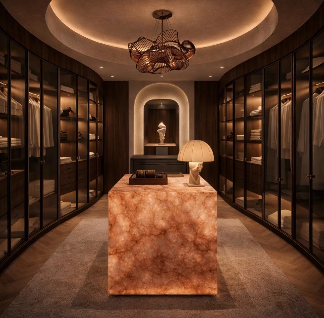 A dressing room moment.
Macassar ebony, smoked glass wardrobes, and a glowing pink onyx island at the center of it all.
Because even the most private spaces deserve great architecture.

Nazeli Design Studio
#interiorarchitecture #luxuryinteriors #wal