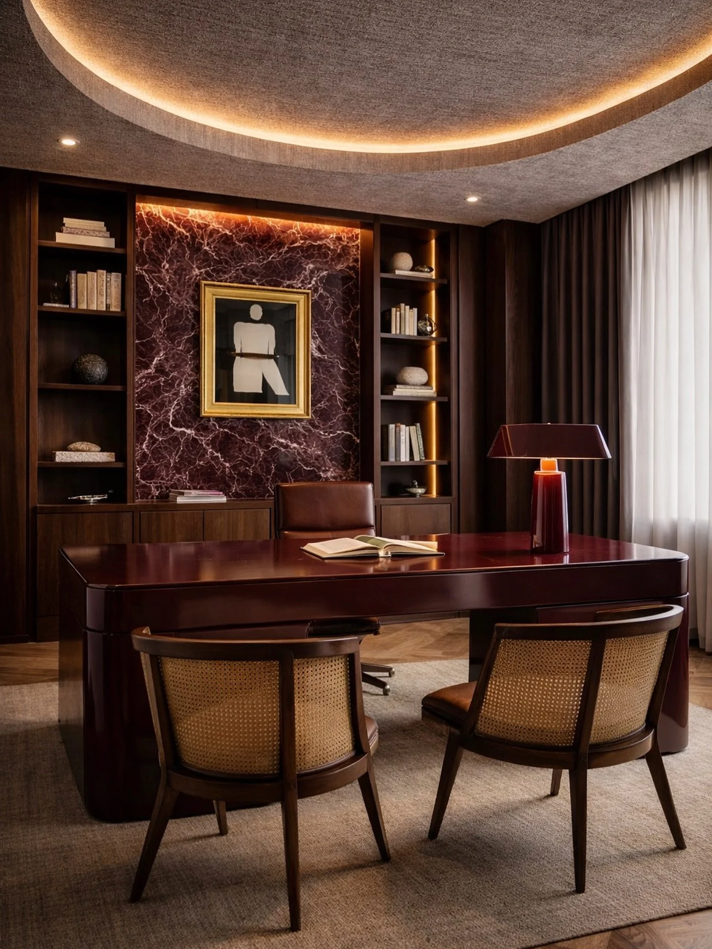 What makes a home office actually feel luxurious?
Deep oxblood lacquer paired with dramatic Rosso marble creates a workspace that feels bold yet composed. Warm walnut millwork, architectural lighting, and layered materials bring balance to the intens