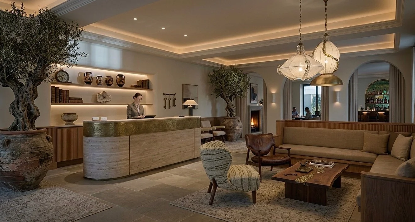 Designed as the kind of hotel lobby that makes you want to stay a little longer. A quiet drink by the fireplace, warm lighting at dusk, soft conversations tucked into the lounge, and natural materials that feel more collected than decorated. The atmo