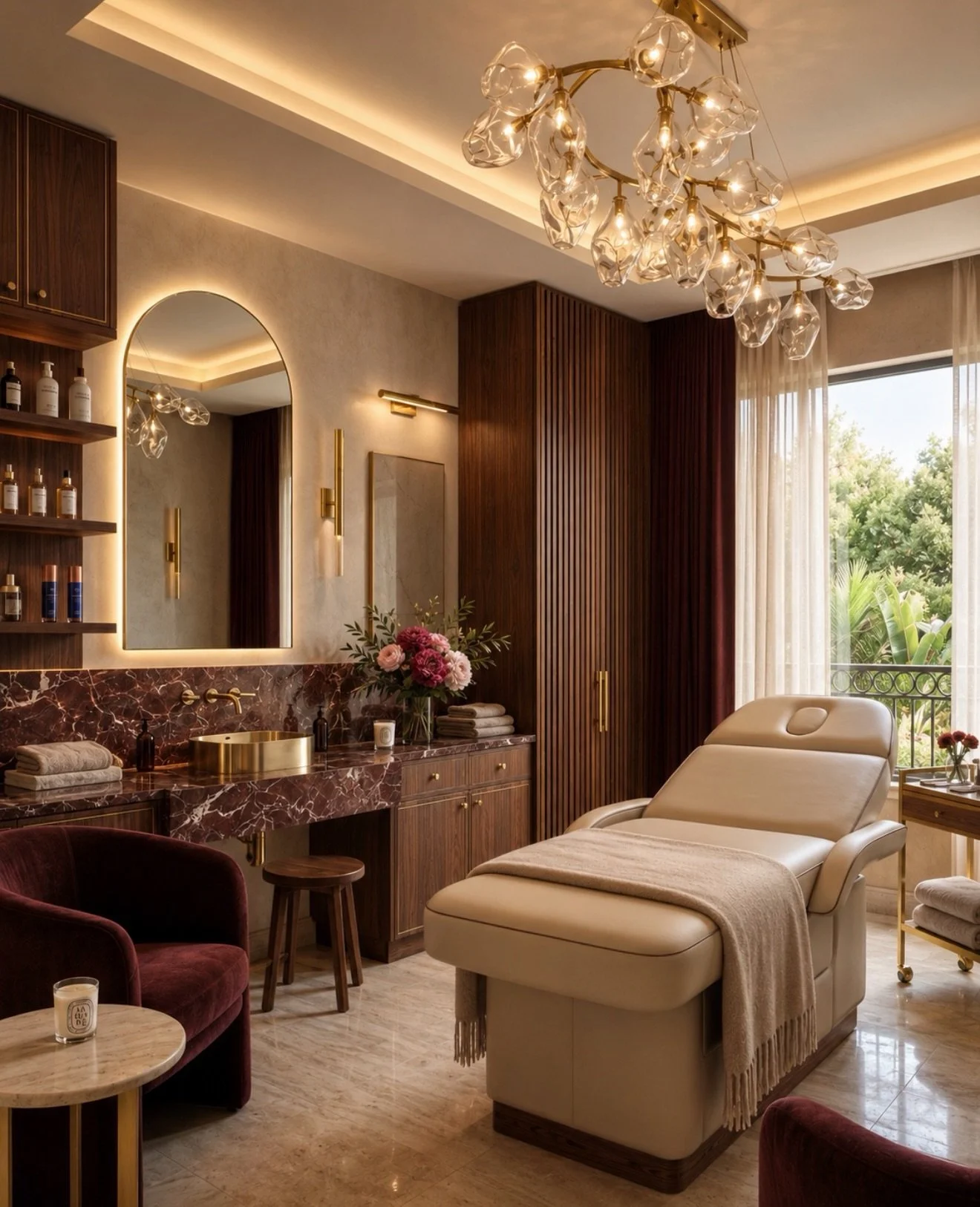 A medspa designed to feel less clinical and more like a refined European retreat.
Warm walnut millwork, Rosso Levanto marble, smoked bronze glass, and layered lighting create a mood that feels intimate, elevated, and quietly dramatic. The intention w