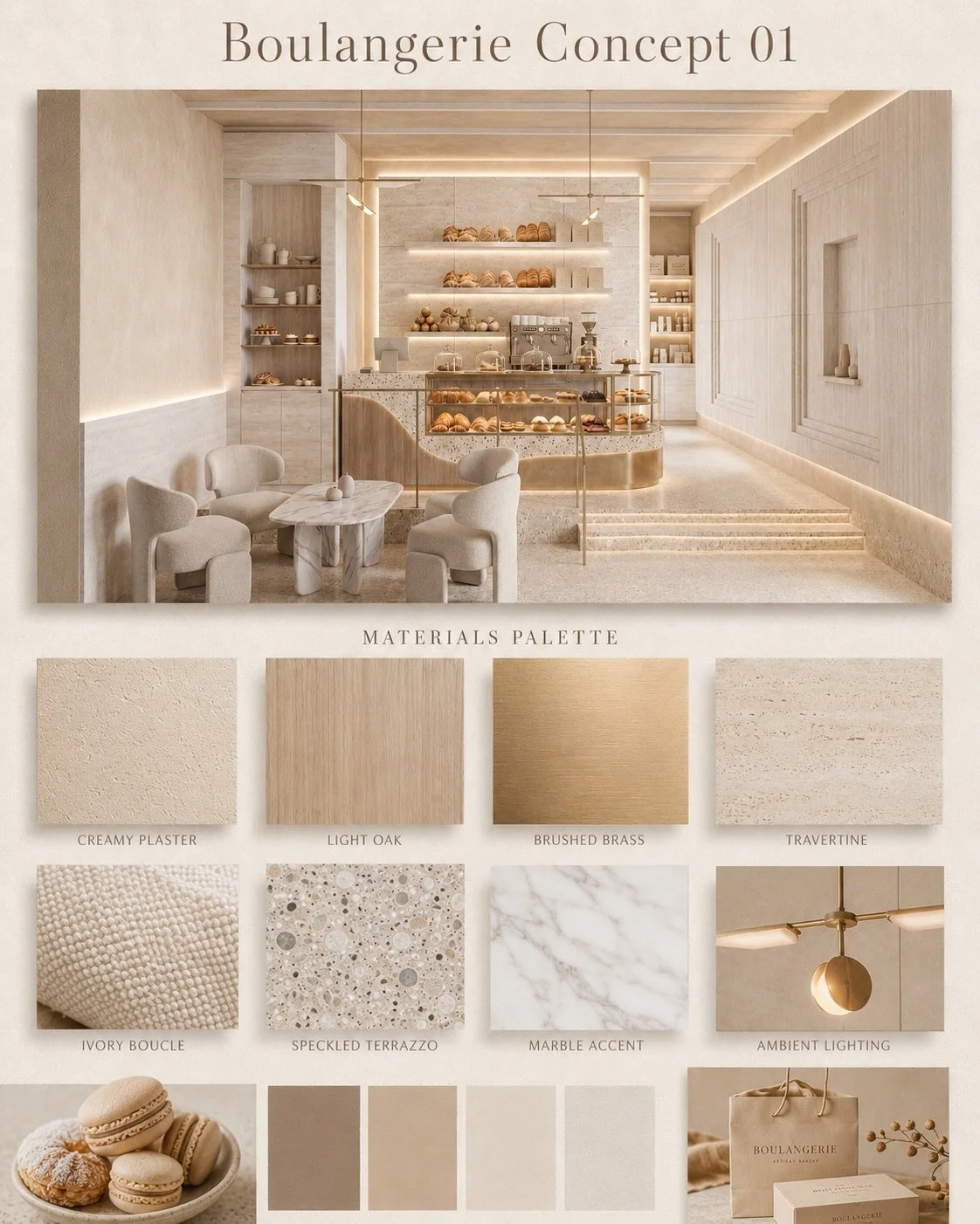 Two concepts for the same bakery, shaped by the same vision but told through different material languages.
Concept 01 leans lighter, quieter, and more restrained. Concept 02 brings in more depth, contrast, and a stronger sense of atmosphere. Both are