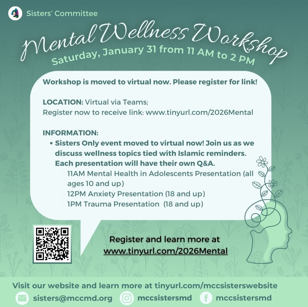 Flyer for mental wellness workshop at MCC MD with information on the presentation, location, and registration link