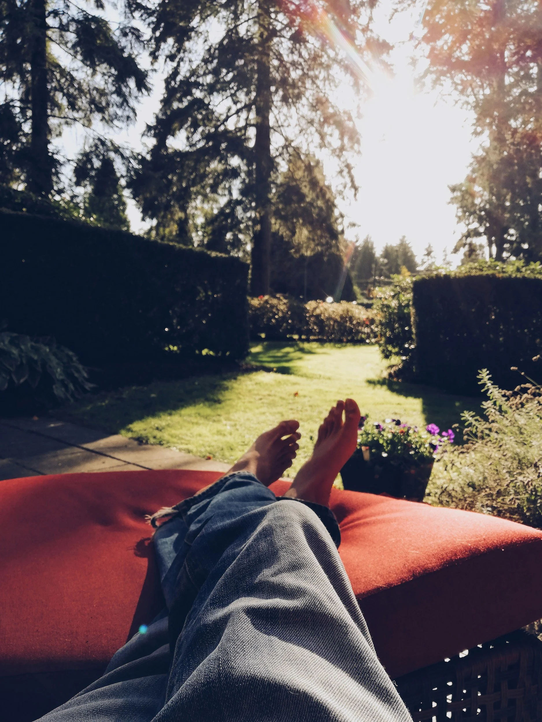 A person laying on a chair with their legs crossed looking out into a grassy and sunny yard