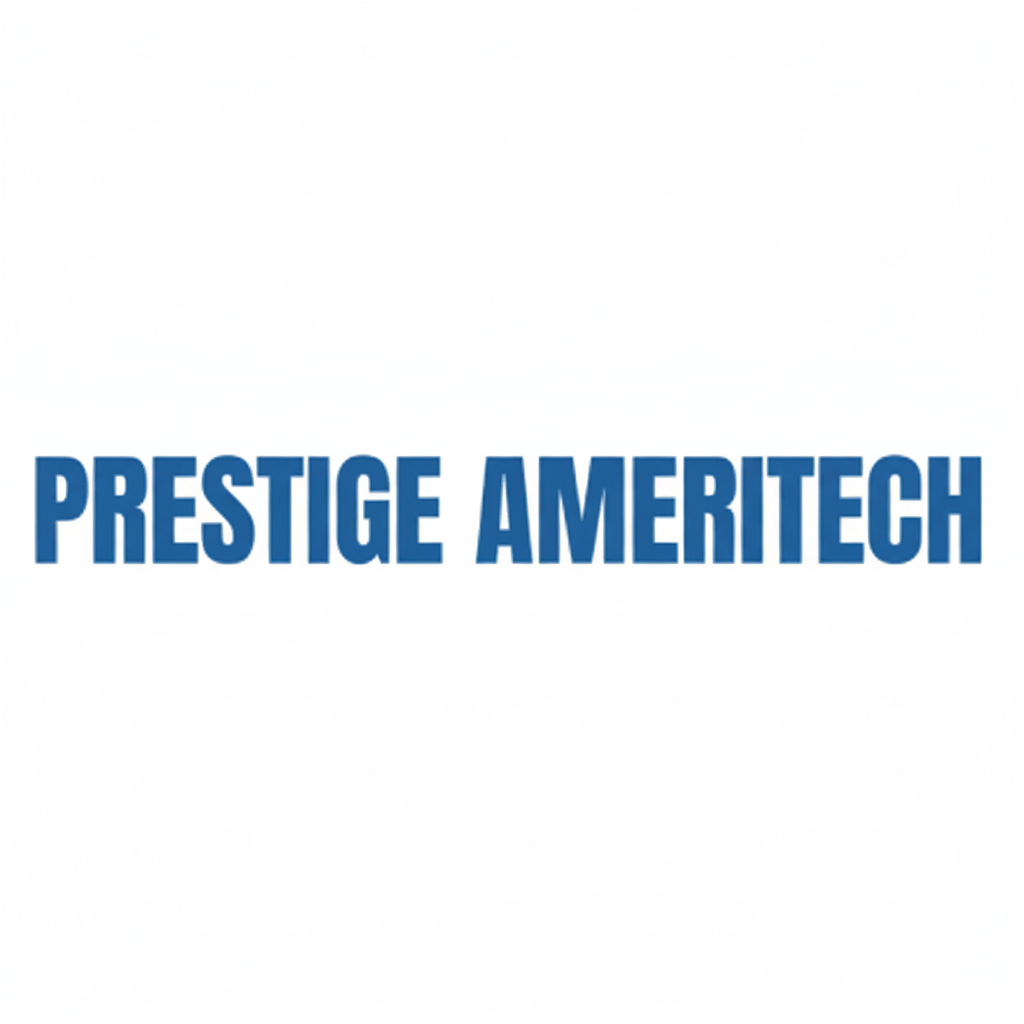 Logo text that reads "PRESTIGE AMERITECH" in bold blue letters on a white background.