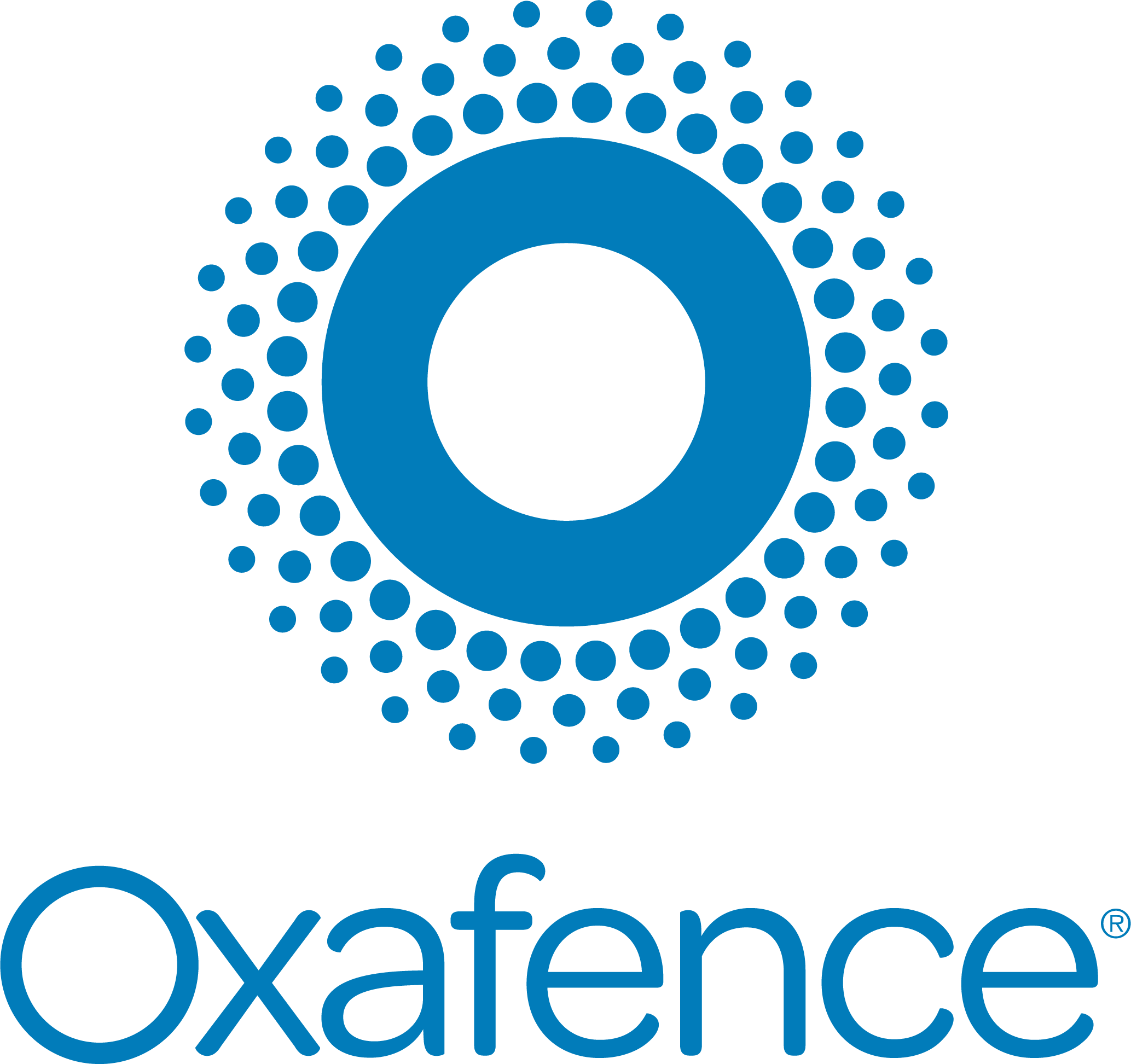 Blue Oxfence logo featuring a circular design with a solid circle in the center surrounded by dotted circles, and the word 'Oxfence' written underneath.