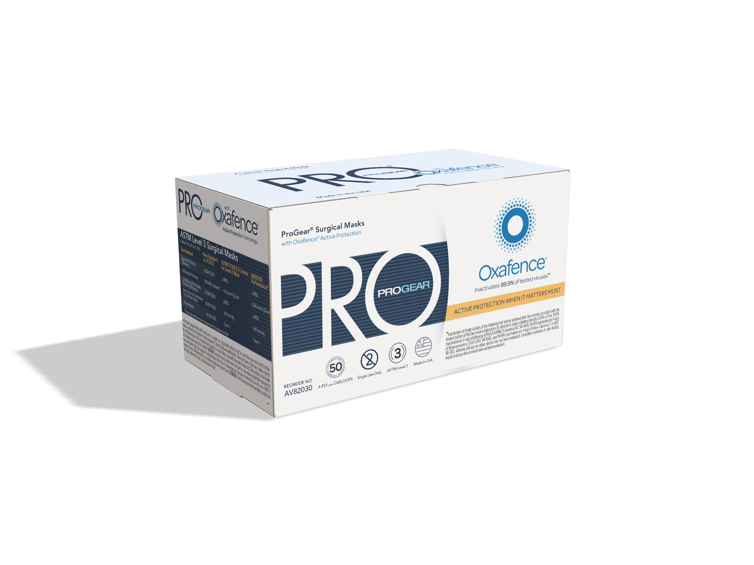 Box of Progear surgical masks with Oxafence active protection branding
