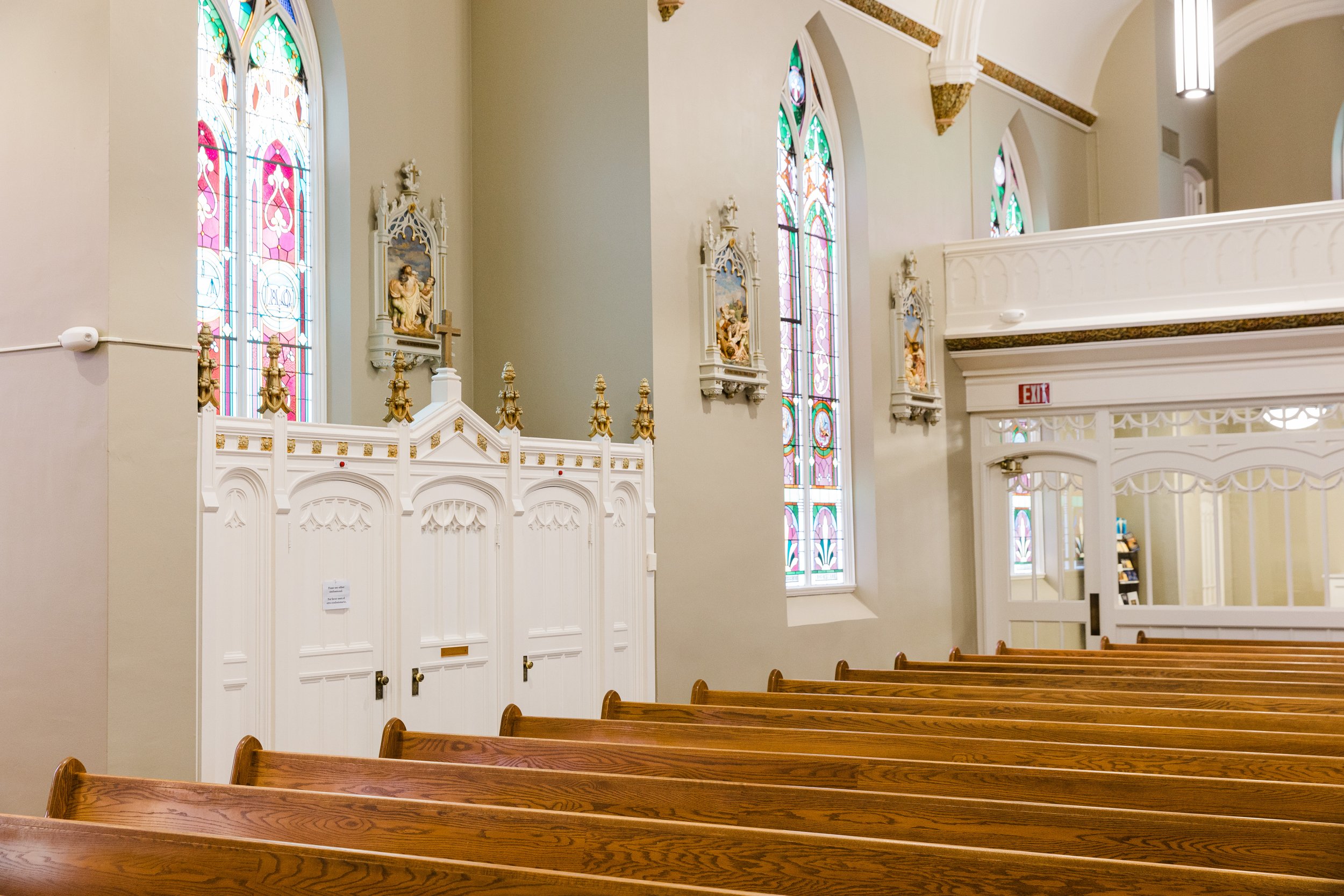 Pews and confessional from the center