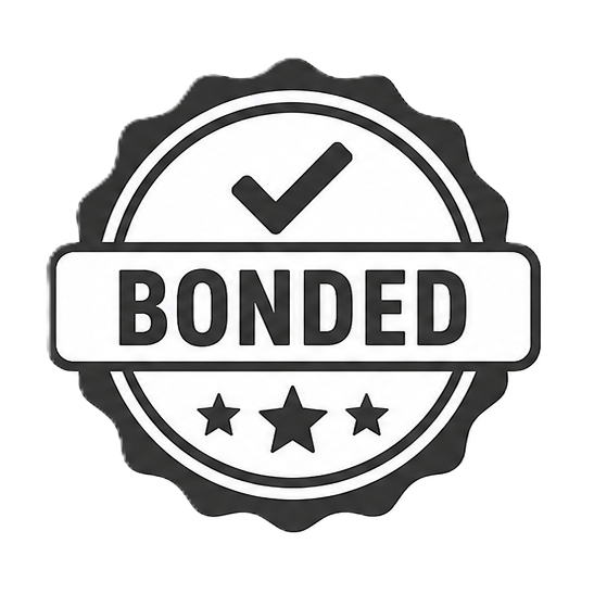 A black and white badge with the word 'BONDED' and a check mark above it, featuring three stars below.
