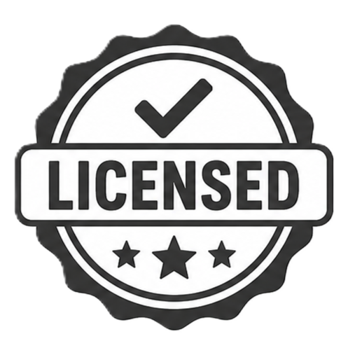 A black and white badge with a checkmark at the top, the word 'LICENSED' in bold, and three stars at the bottom.