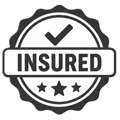 A black and white badge with a check mark at the top, the word "INSURED" in bold letters in the center, and three stars at the bottom.