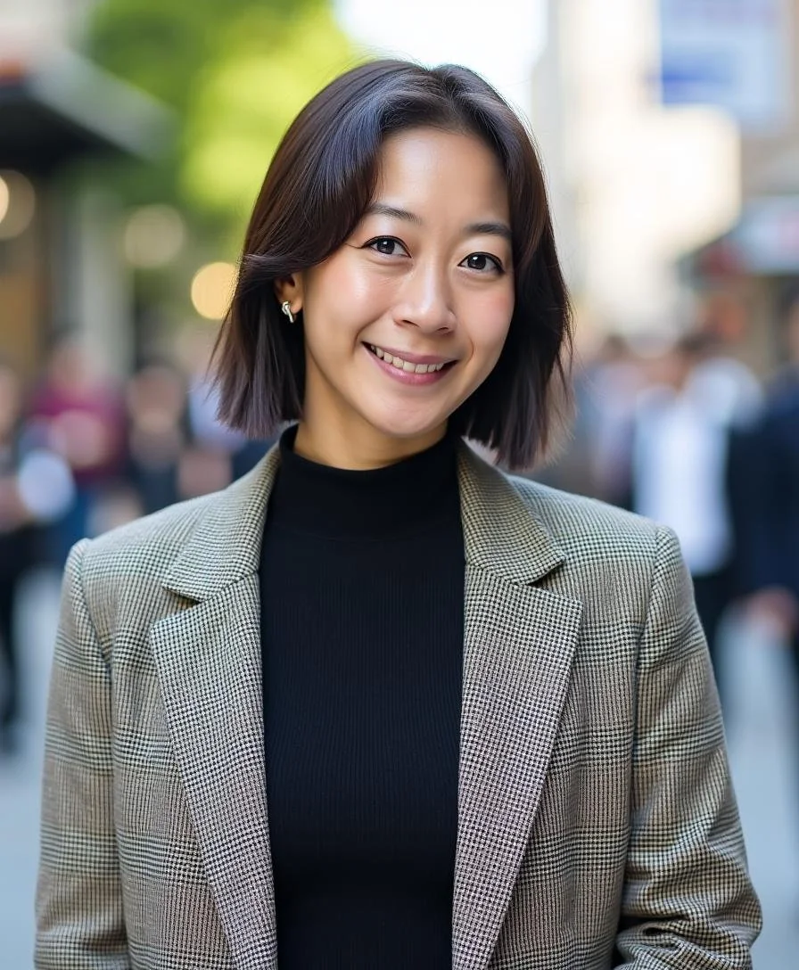 Clara Ma smiles at the camera in a professional headshot, wearing a black turtleneck and plaid blazer against a softly blurred outdoor city background.