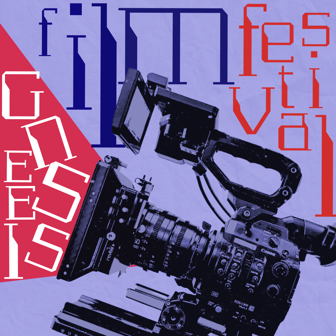Black film camera on a light purple background with the words "Genesis Film Festival" floating around artistically in the background in navy blue, red, and white.