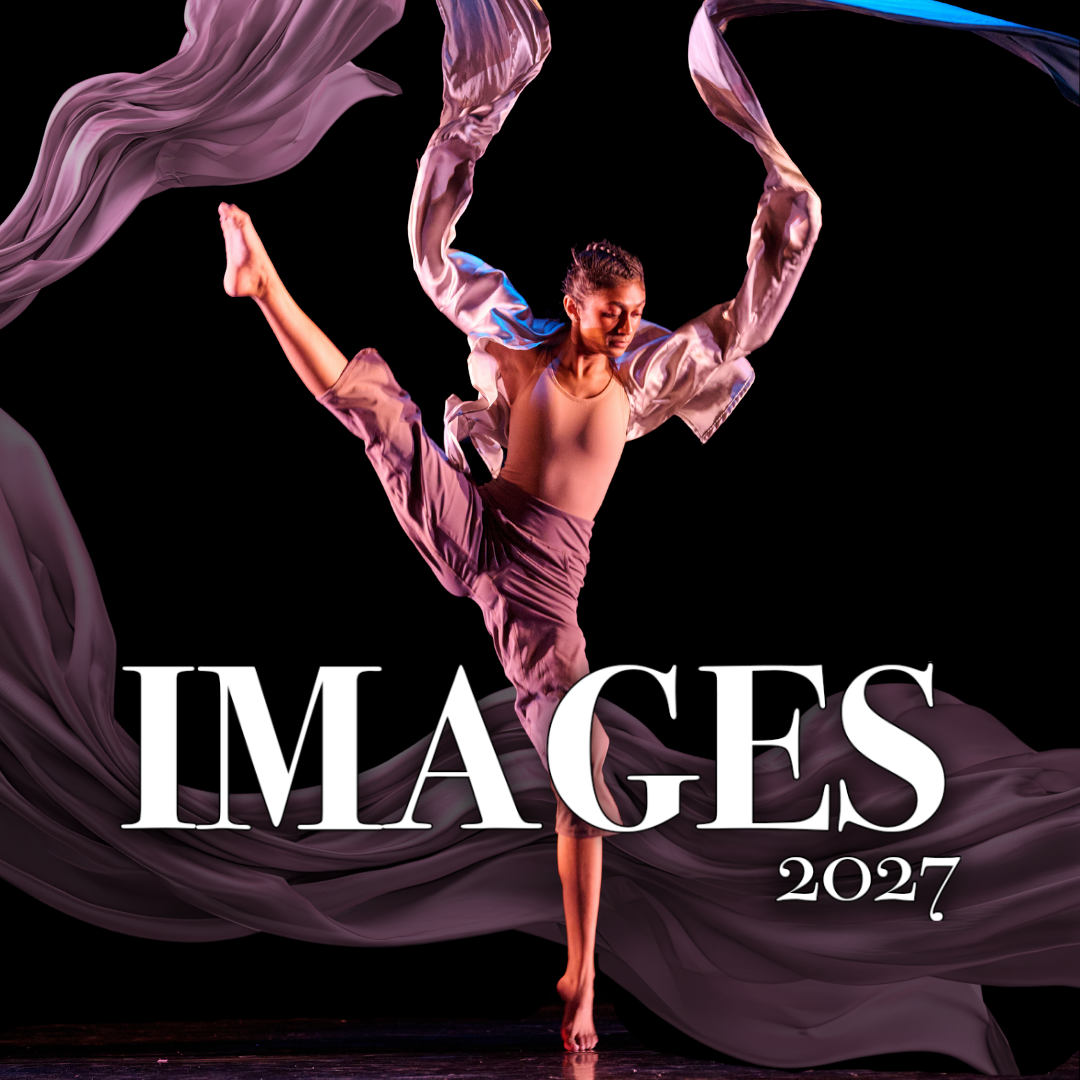 Dancer dancing with purple cloths and the word "Images 2027" in bold white type