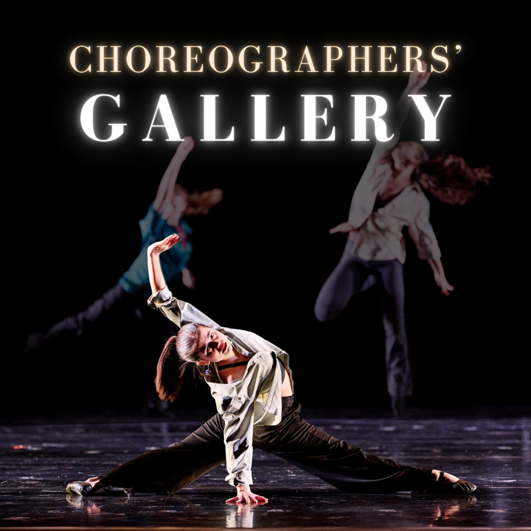 Four student dancers perform contemporary choreography, with one dancer in a low side stretch and three dancers reaching behind her.
