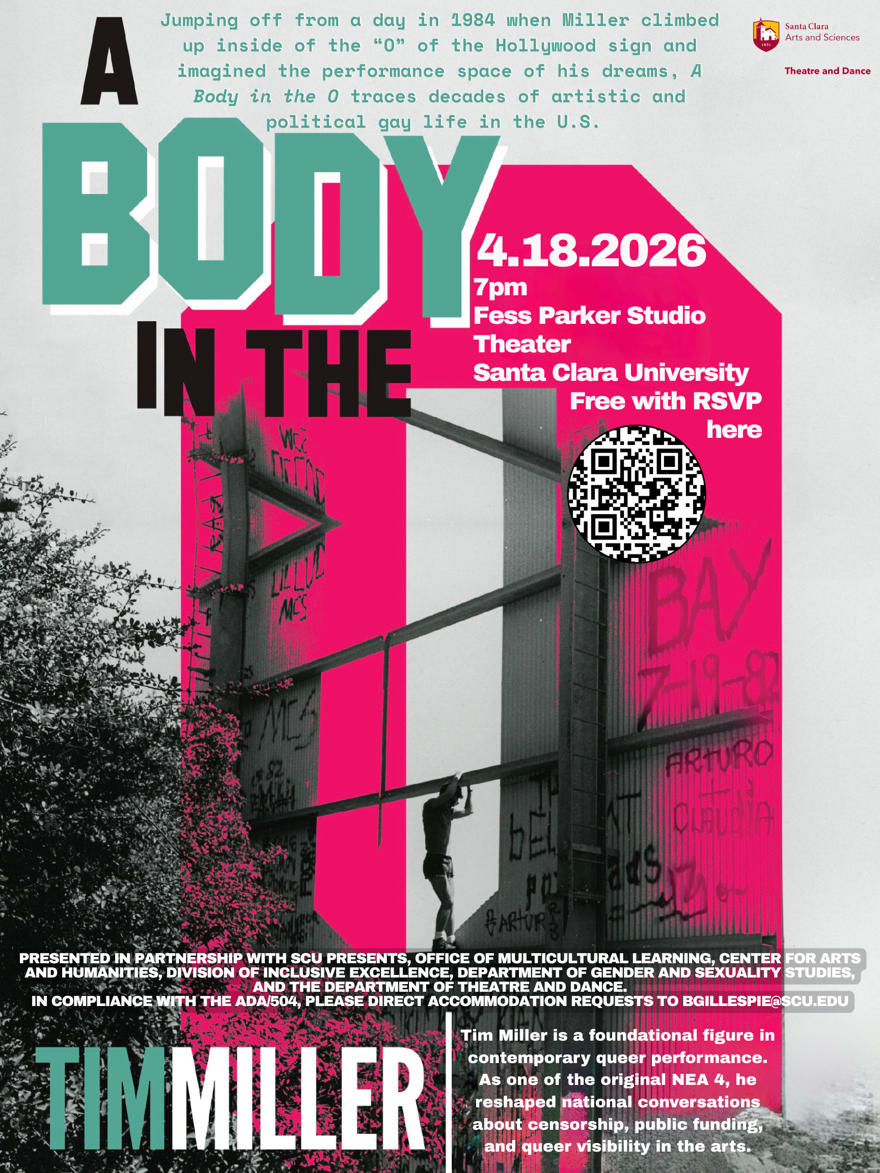 A poster with a man climbing a structure covered in graffiti with the words A Body in the 0 Tim Miller