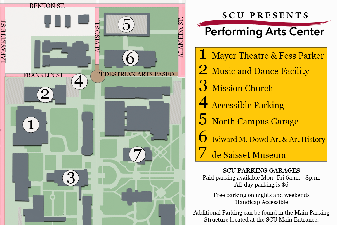 Map of Southeastern University campus highlighting Performing Arts Center and nearby facilities, including Mayer Theatre, Music Recital Hall, and parking garages.