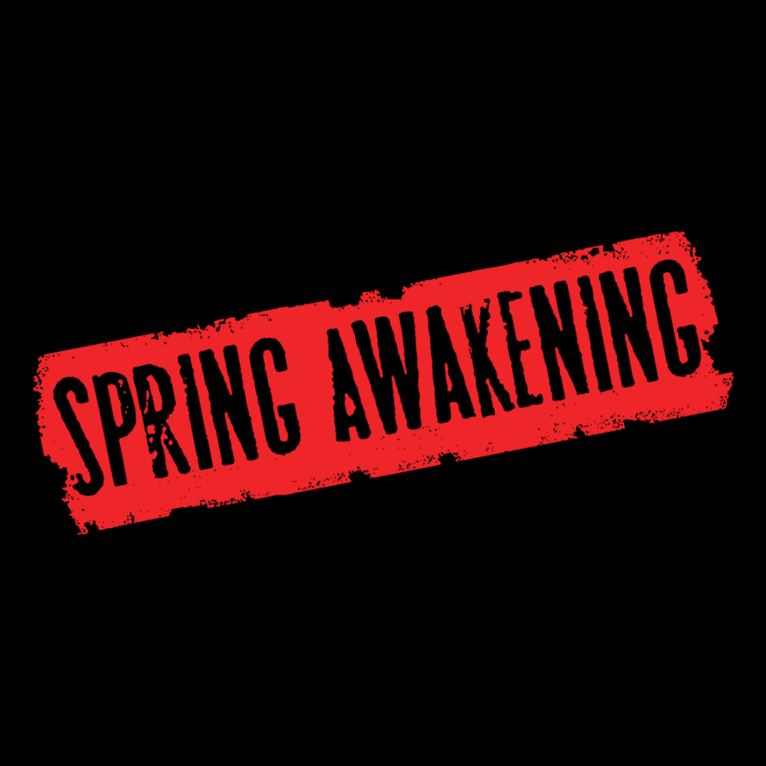 “Spring Awakening” in bold black lettering inside a tilted red stamp on a black background.