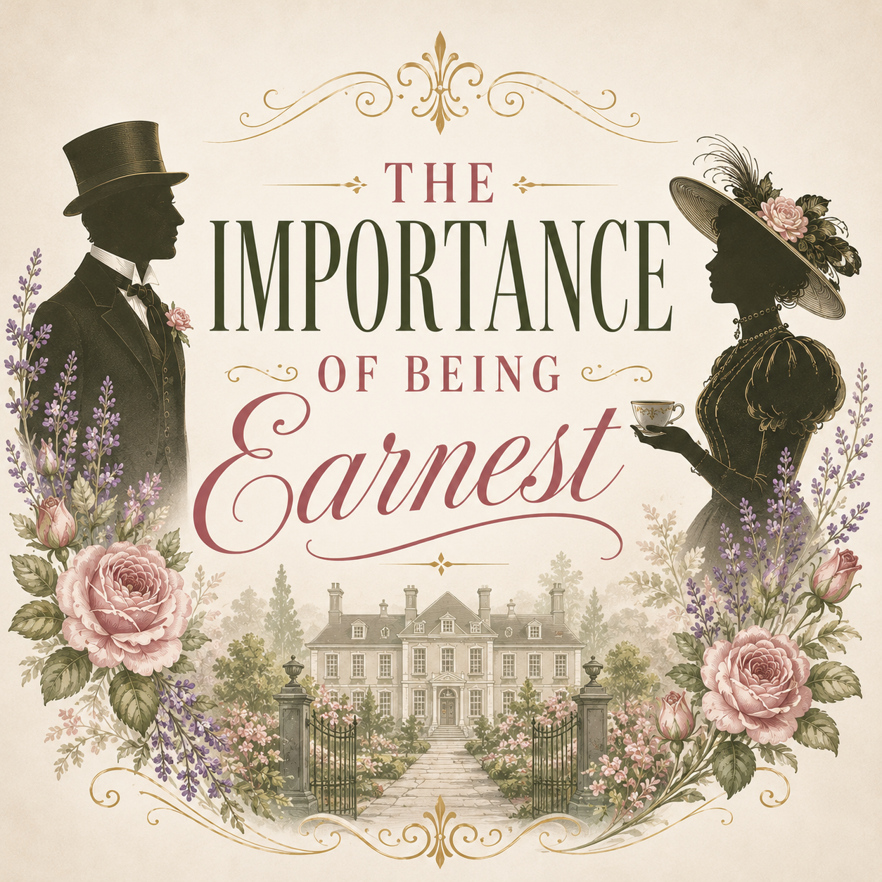 Victorian-style artwork for The Importance of Being Earnest featuring two silhouetted figures, roses, lavender, and an English country estate.