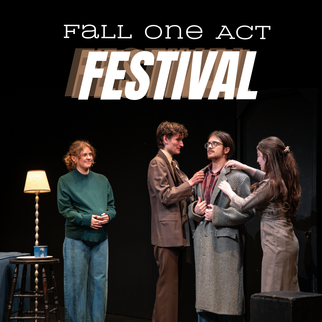 Four student actors perform a theatrical scene as two characters help another into a coat while a fourth watches nearby.