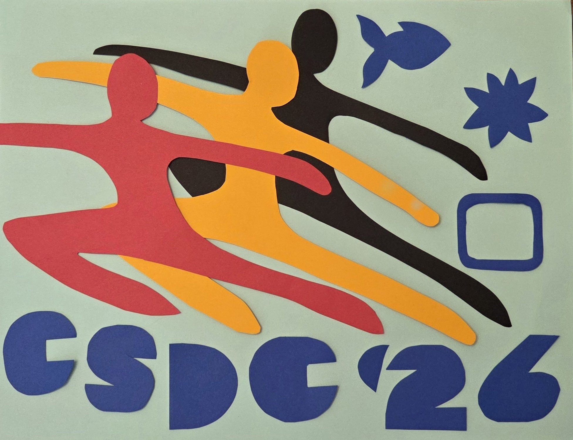 A collage with three different dancers leaping over the text "CSCD '26" on a mint green background.