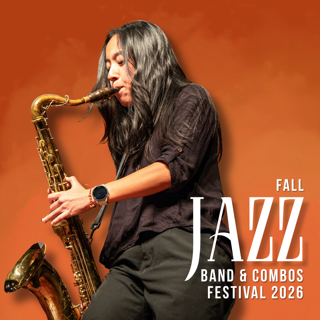 Santa Clara University student saxophonist performs an energetic solo onstage during a jazz concert.